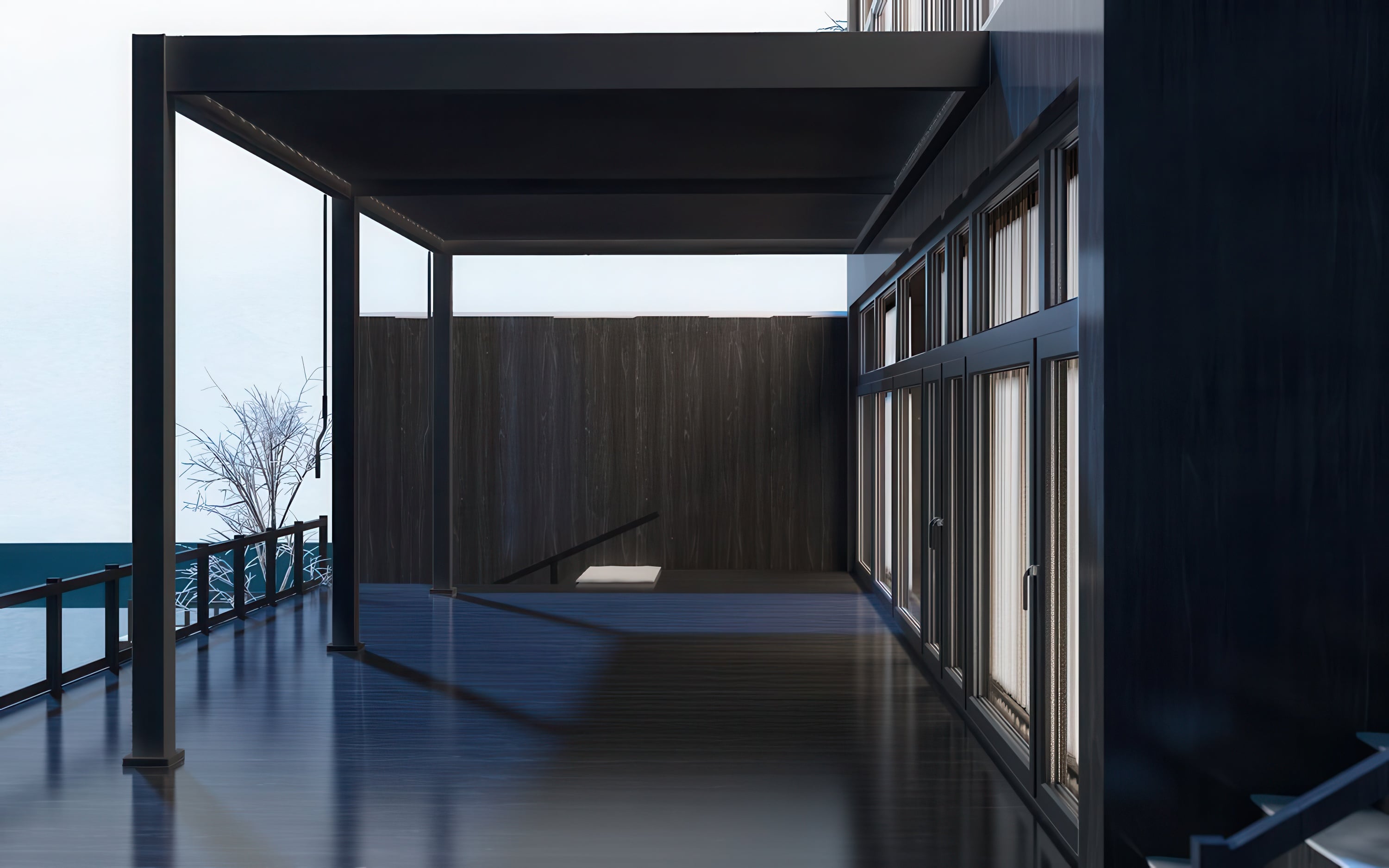 Pergola elegance wall 3x6 anthracite namontovan&aacute; u zdi budovy
