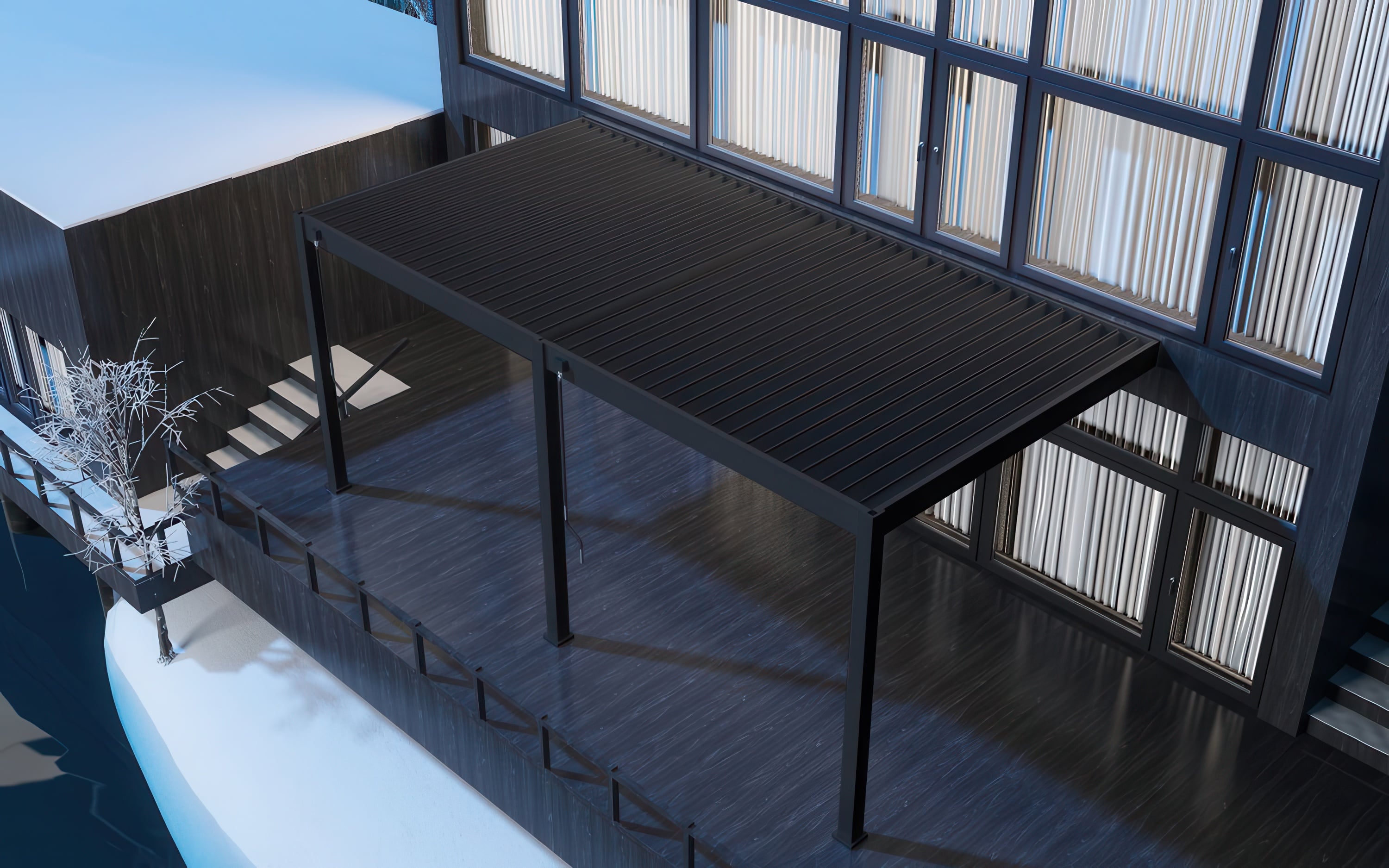 Pohled shora na n&aacute;stěnnou pergolu ELEGANCE WALL 3x6 namontovanou u zdi budovy v aranžm&aacute;