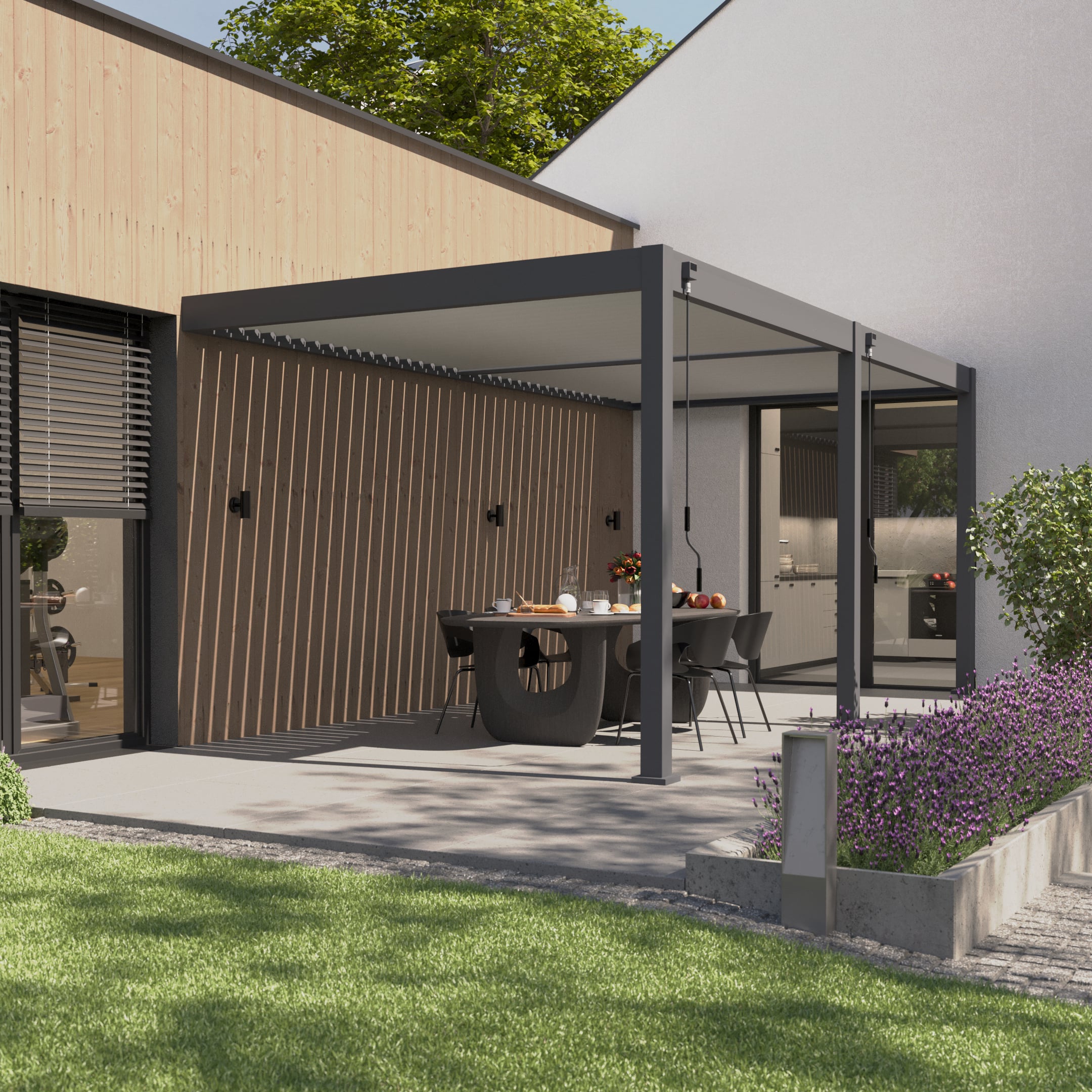 Aranżacja - Przyścienna pergola ELEGANCE WALL 3x6 Anthracite/Light Grey - Gutroof