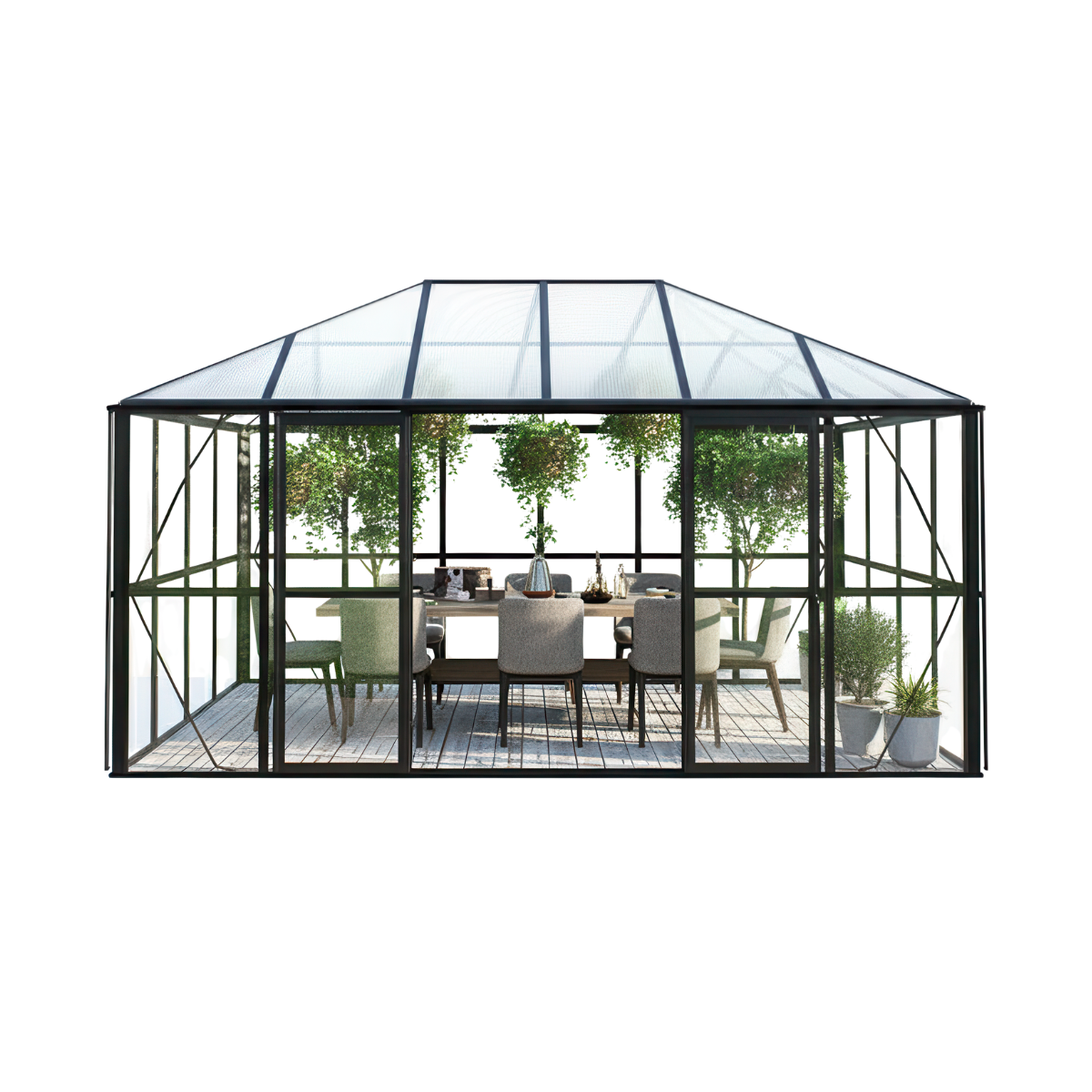 Ogród zimowy BROADWAY Black 436x295cm PC+ Glass - Gutroof - stojący w ogrodzie w pełnym słońcu, wśród zieleni 