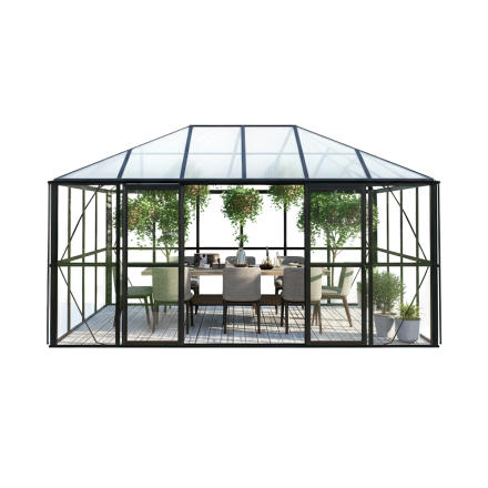 Ogród zimowy BROADWAY Black 436x295cm PC+ Glass - Gutroof - stojący w ogrodzie w pełnym słońcu, wśród zieleni