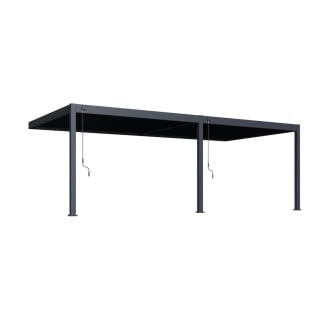 Pergola tarasowa DELUXE WALL 3.6x7,2 w kolorze antracytowym zamontowana, przed białym domem.