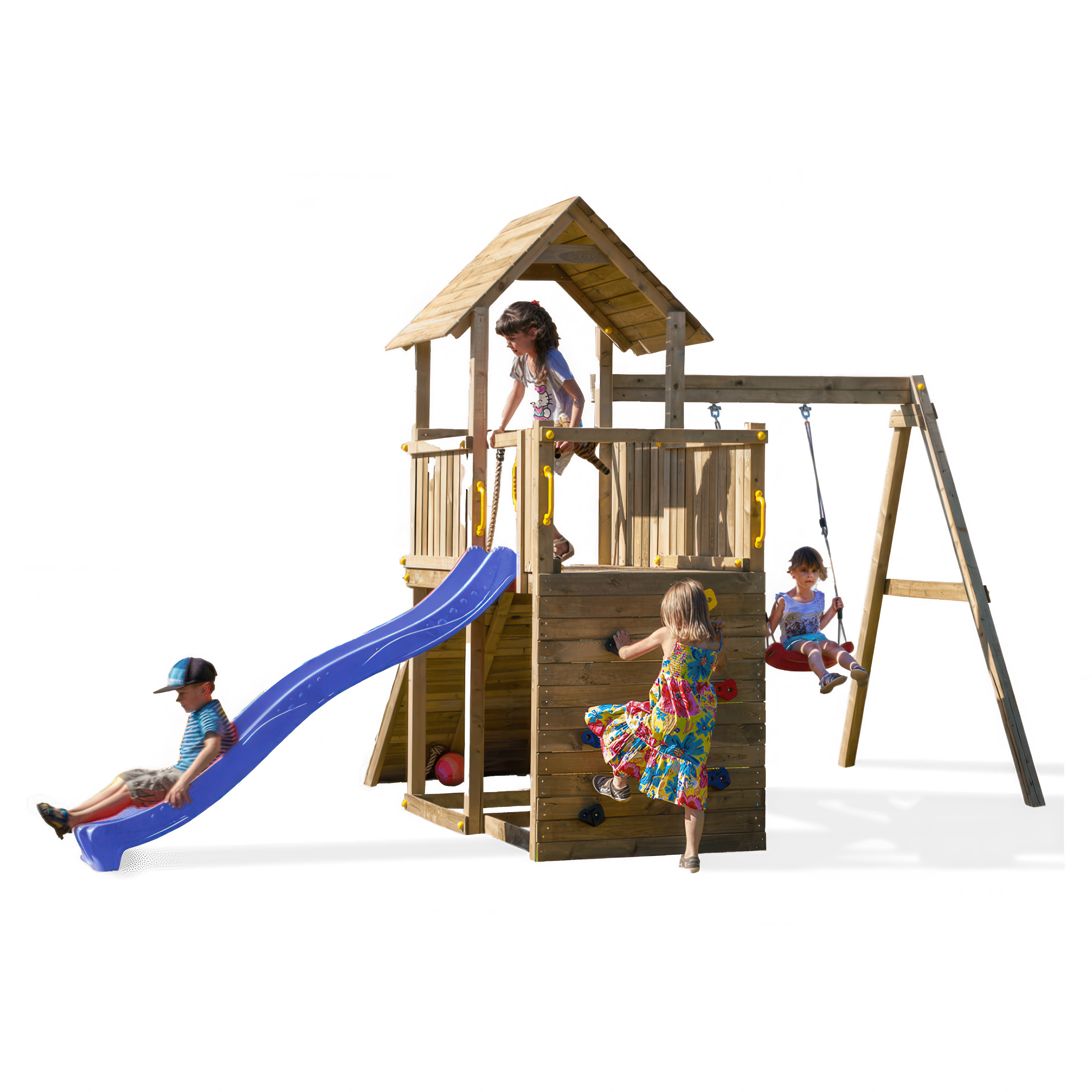 Drewniany plac zabaw z domkiem, zjeżdżalnią i huśtawką, dzieci bawią się na różnych elementach zestawu