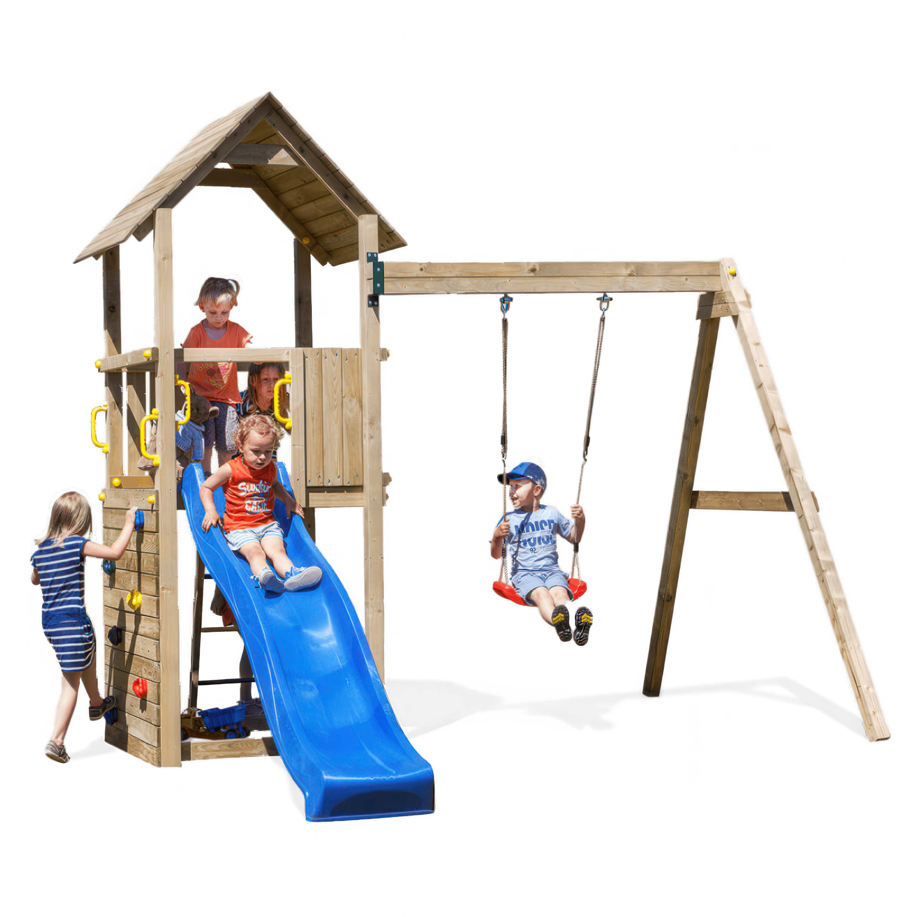 Zdjęcie przedstawia kilkoro dzieci bawiących się na drewnianym placu zabaw z niebieską zjeżdżalnią i czerwoną huśtawką, na neutralnym, szarym tle. Dziewczynka w paski wspina się po ściance wspinaczkowej, chłopiec w pomarańczowej koszulce zjeżdża ze zjeżdż