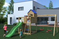 Plac zabaw Fungoo Treehouse 3 stoi w ogrodzie przed nowoczesnym domem. Trójka dzieci bawi się na placu, który wyposażony jest w zjeżdżalnię i dwie huśtawki. W tle widoczny taras z meblami ogrodowymi