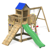 Plac zabaw składający się z wieży z niebieskim dachem, zielonej zjeżdżalni i huśtawki. Widoczny stolik, który można wykorzystać do zabawy lub rysowania. Zdjęcie zrobione na jednolitym, szarym tle