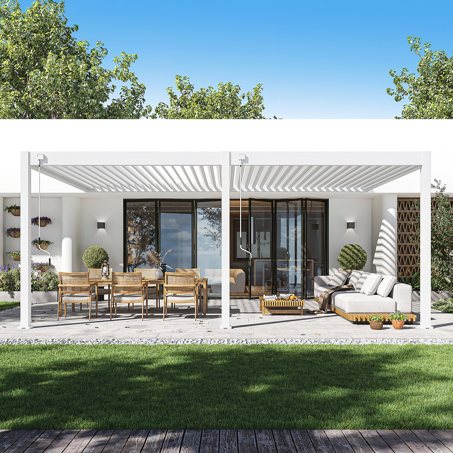 Biała pergola tarasowa z meblami tarasowymi