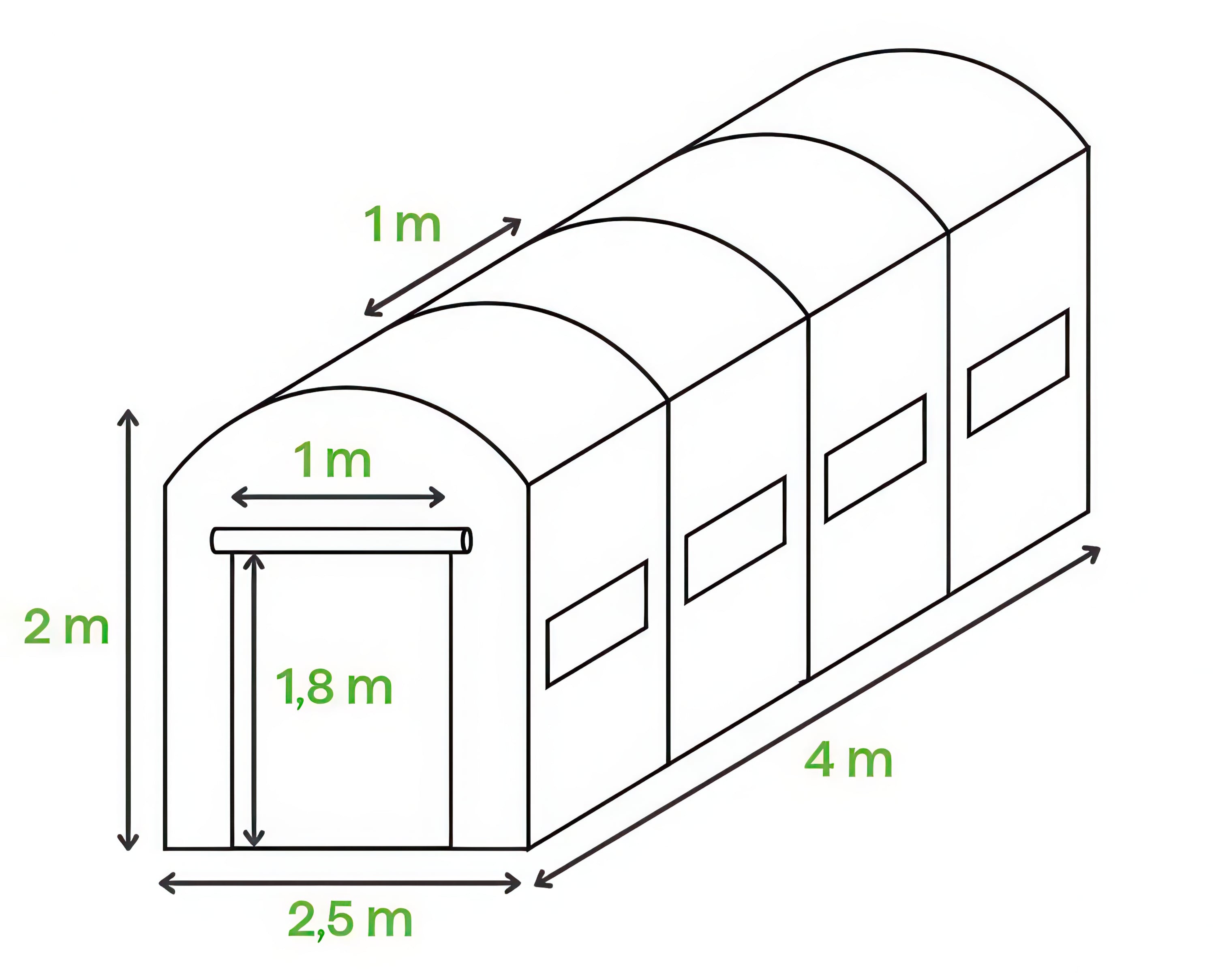 Rysunek techniczny z wymiarami tunelu foliowego 2,5x4x2 m
