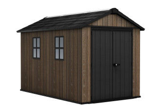 Domek na narzędzia Keter Deco Apex 7511/1175 w kolorze walnut z dwoma oknami i czarnymi drzwiami