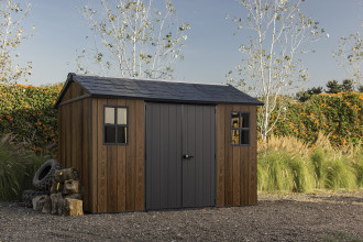 Domek na narzędzia DECO APEX 7511/1175 WALNUT Keter z brązową elewacją i szarymi drzwiami