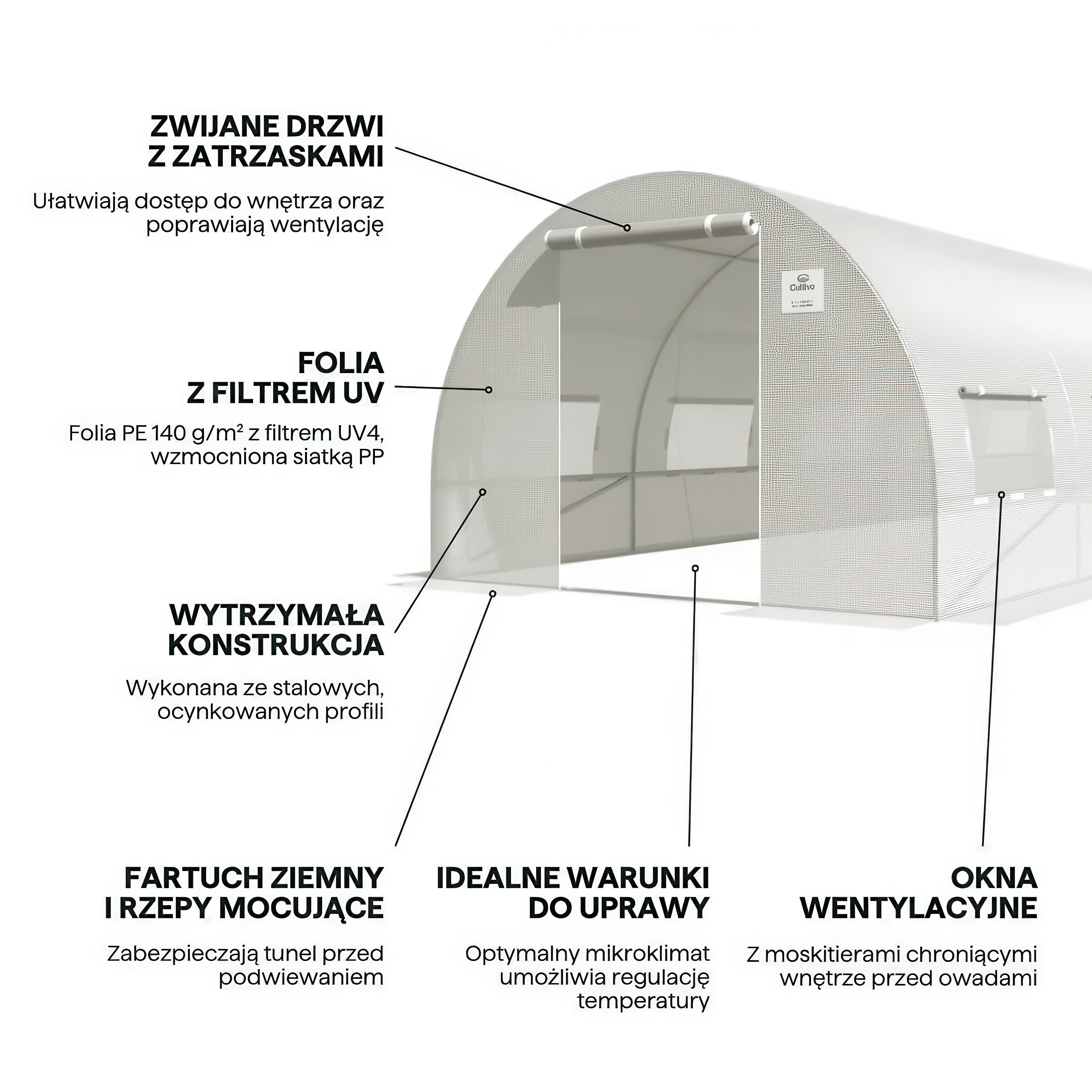 Infografika, zalety tunelu ogrodowego marki Cultivo o wymiarach 18m2