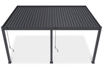 Ujęcie z lotu ptaka pergoli tarasowej DELUXE WALL 3.6x5.3 w kolorze antracytowym na białym tle.