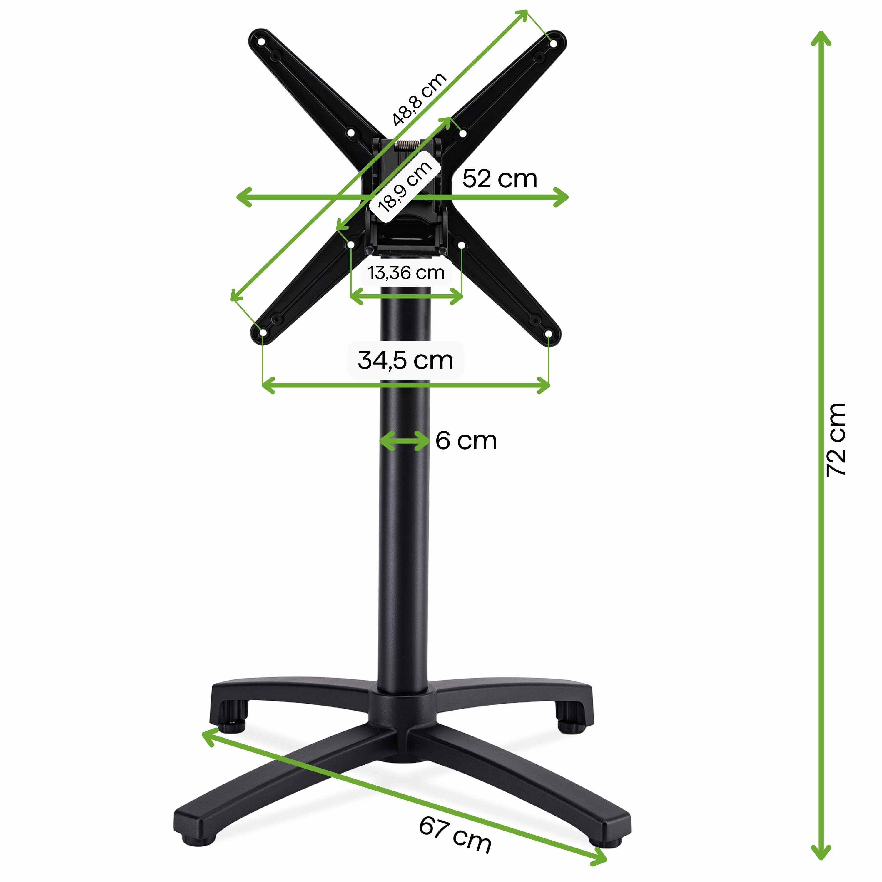 Czarna aluminiowa podstawa do stolika ALVIA Bjørkka z widocznymi wymiarami całkowita wysokość 72 cm