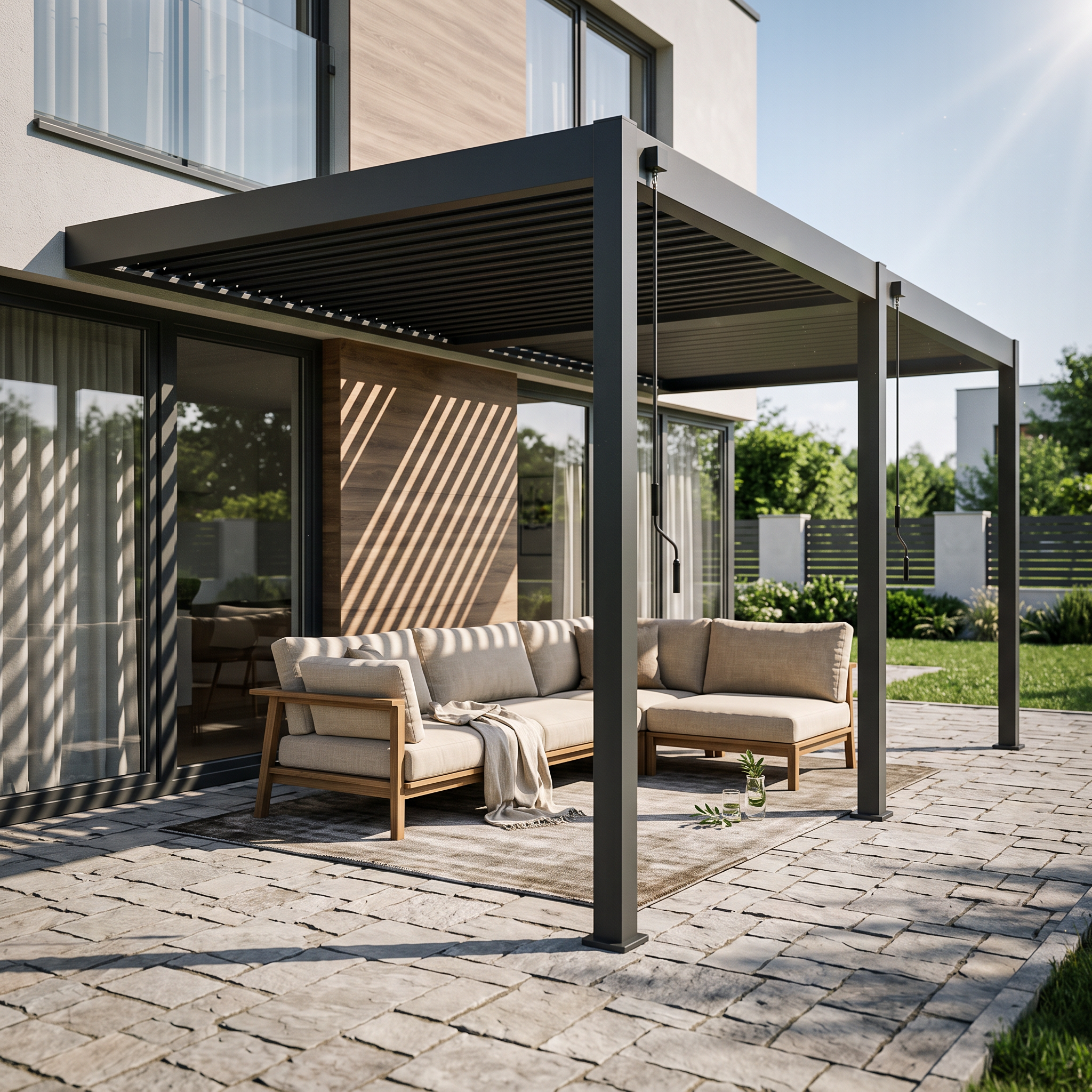 Antracytowa przyścienna pergola ELEGANCE WALL 3x6 nad narożnym zestawem wypoczynkowym na tarasie przed nowoczesnym domem
