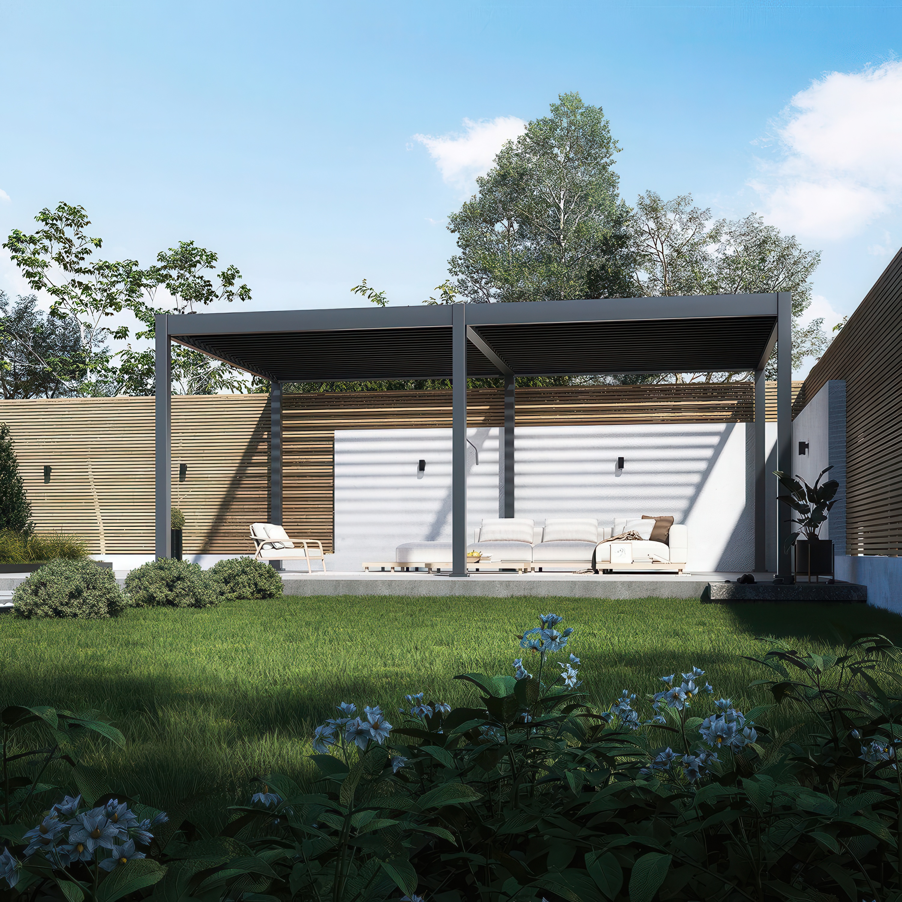antracytowa pergola tarasowa deluxe na tarasie w słoneczny dzień