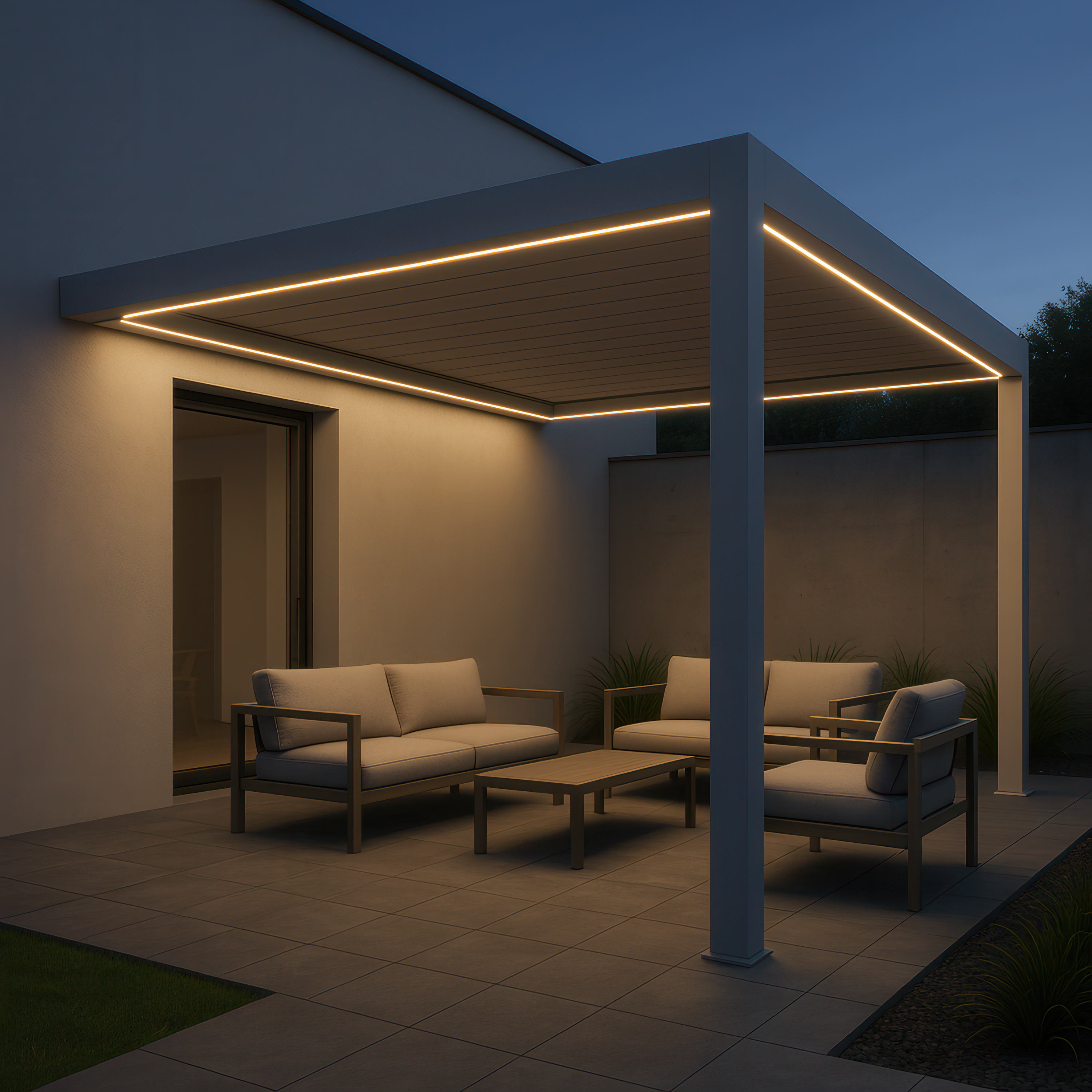 Aranżacja automatycznej pergoli przyściennej elegance wall 3x4m