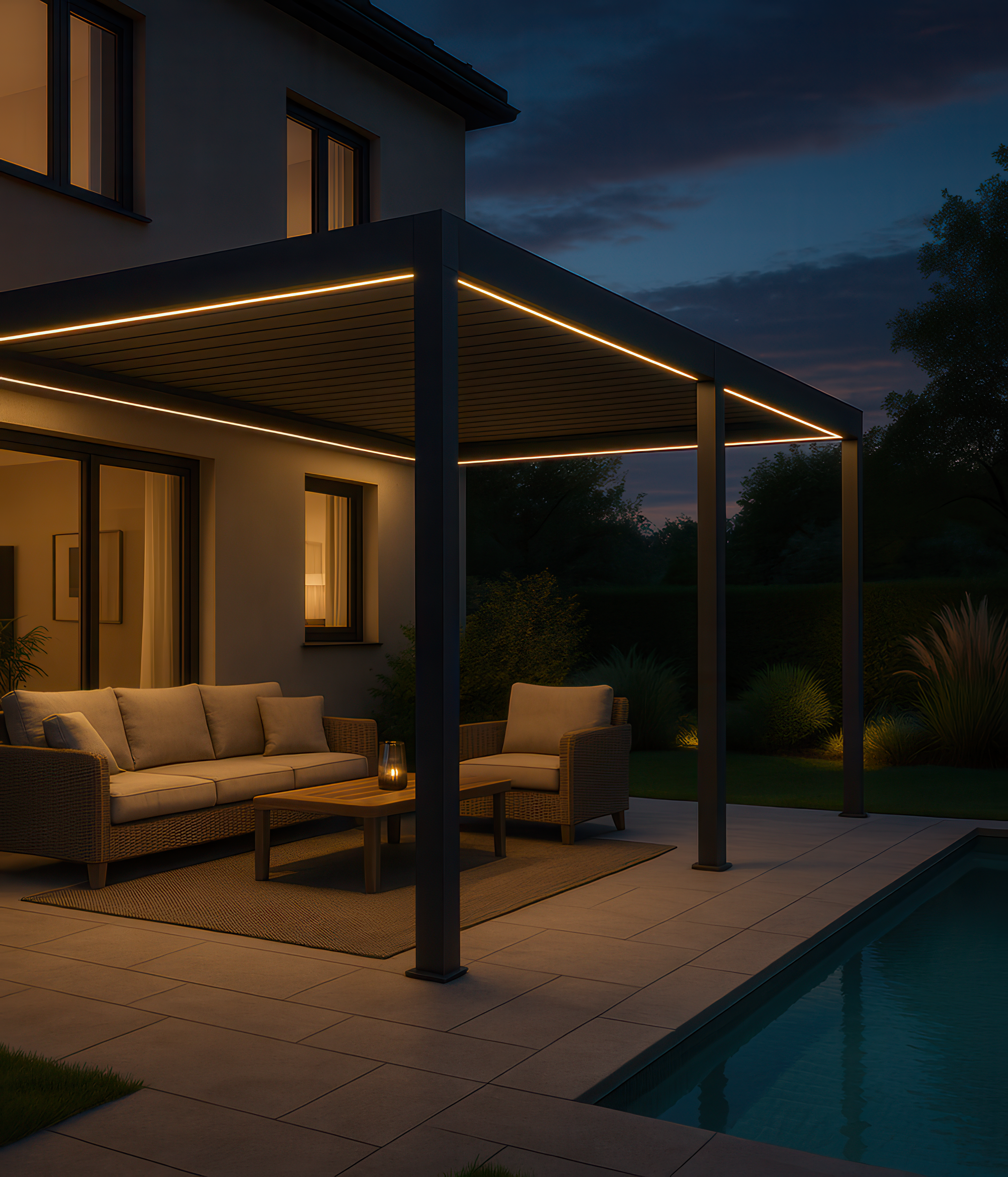 Aranżacja automatycznej pergoli przyściennej z oświetleniem LED elegance wall