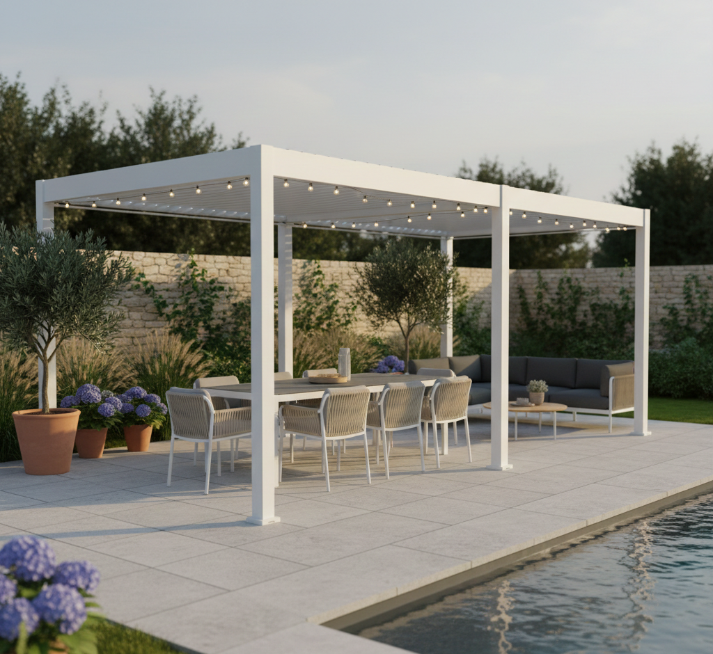 Aranżacja - Bioklimatyczna pergola tarasowa ELEGANCE AUTOMATIC 3x6 z oświetleniem LED White - Gutroof