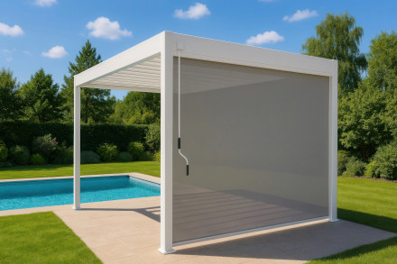 Aranżacja białej rolety opuszczanej do pergoli elegance/deluxe/fusion 2.65 m od Gutroof