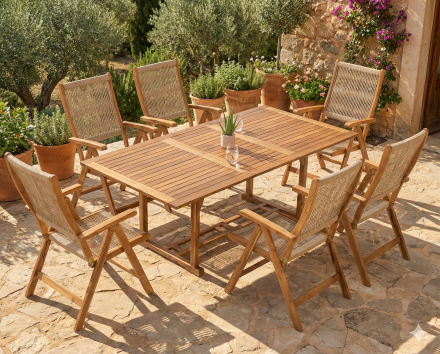 Aranżacja na tarasie z zestawem mebli drewnianych z krzesłami z regulacją oparcia AKADIA 200/6 + 1 - Bjørkka