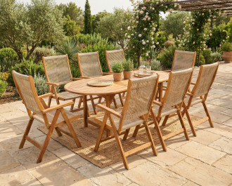 Aranżacja na tarasie zestawu mebli jadalnych dla 8 osób z drewna akacjowego z rozkładanym stołem AKADIA 190/8 + 1 - Bjørkka