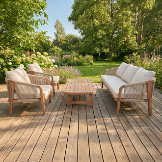 Aranżacja zestawu mebli wypoczynkowych z drewna akacjowego SKALA CAFFE Acacia Wood - Bjørkka