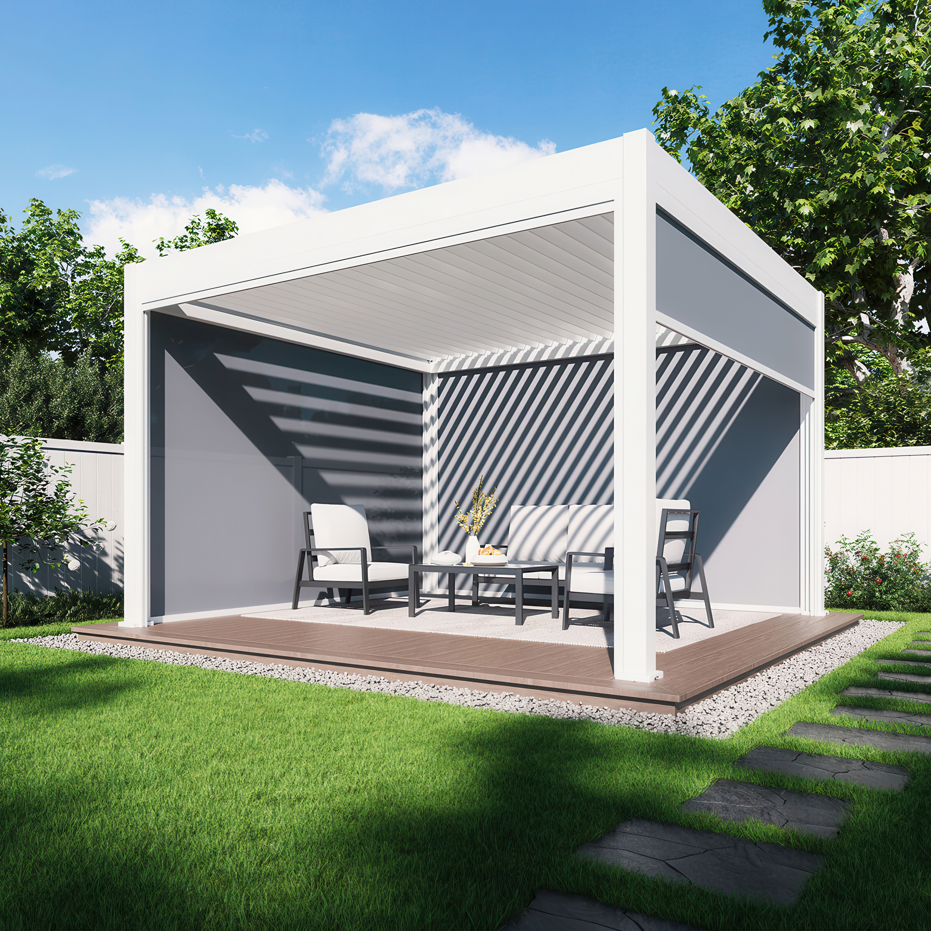 Solidna pergola tarasowa DELUXE AUTOMATIC z otwartym dachem i zamontowanymi roletami w środku pergoli meble wypoczynkowe