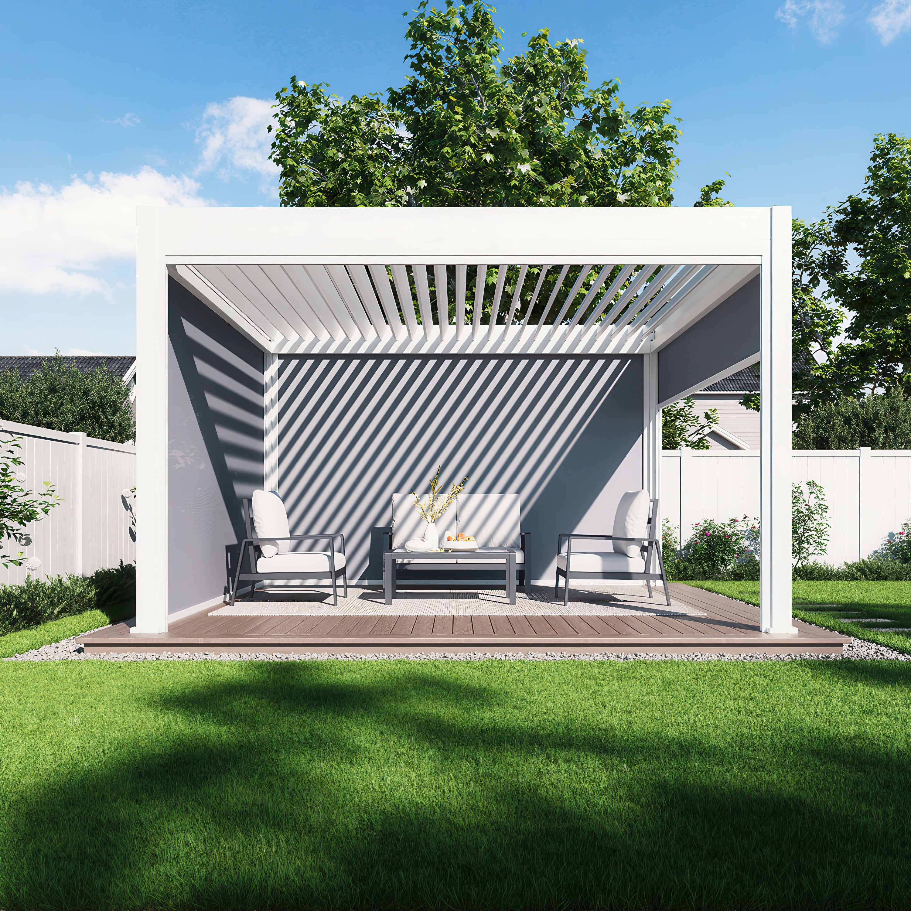 Solidna pergola tarasowa DELUXE AUTOMATIC z otwartym dachem i zamontowanymi roletami w środku pergoli meble wypoczynkowe