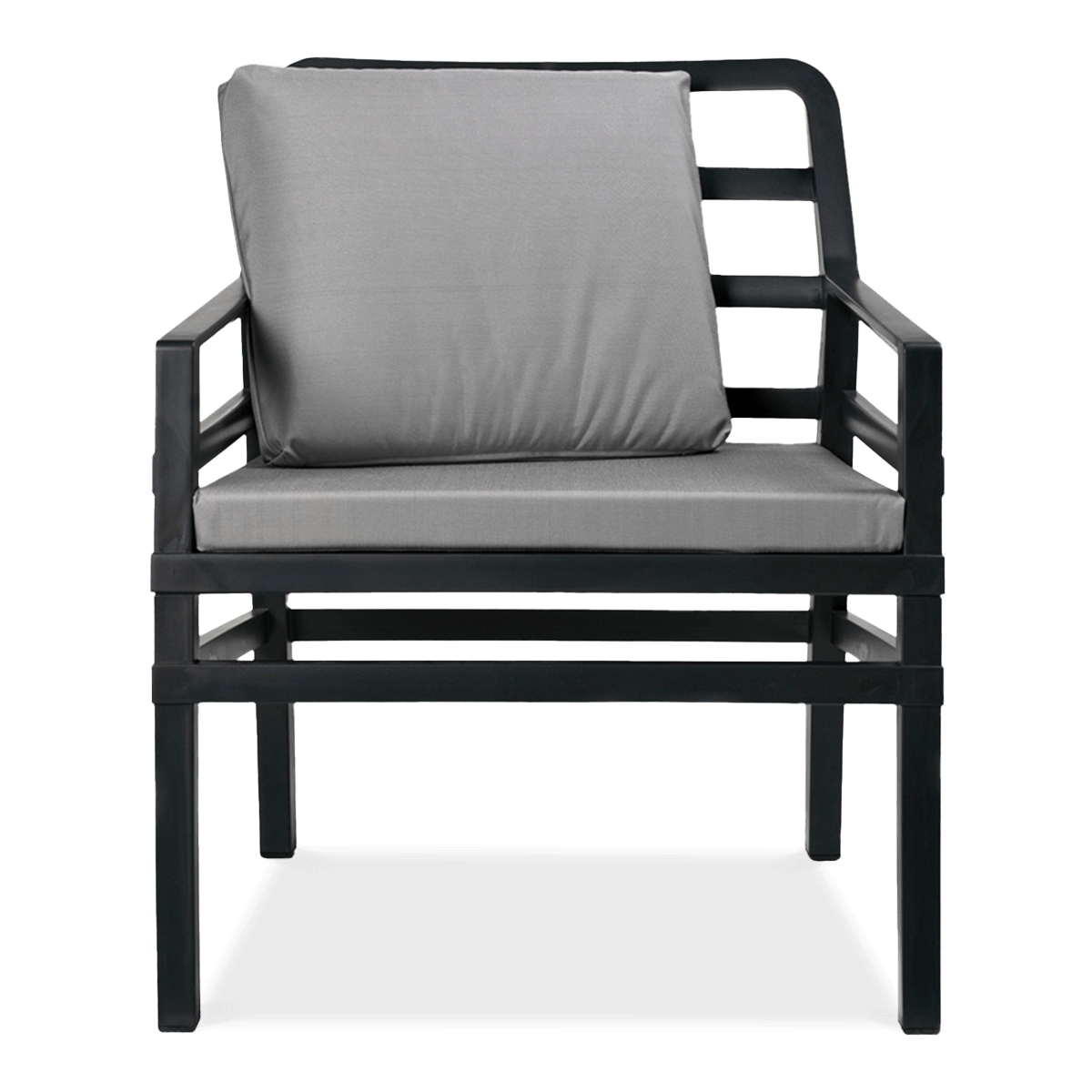 czarny fotel ogrodowy z szarym siedzeniem i poduszką