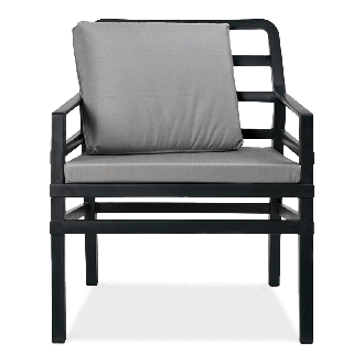 czarny fotel ogrodowy z szarym siedzeniem i poduszką