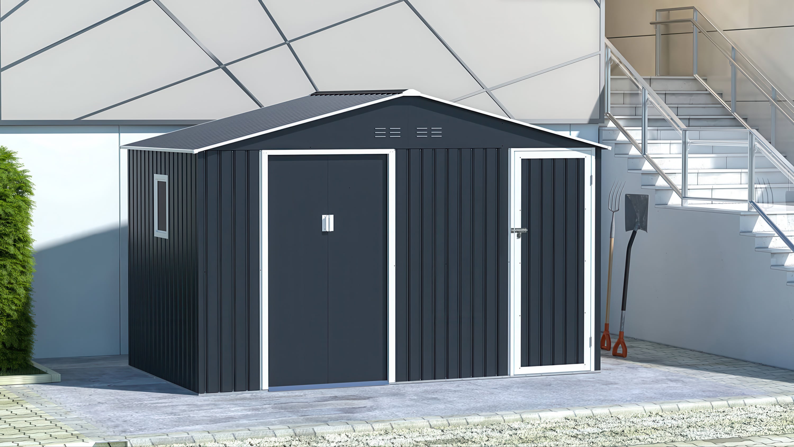 Aranżacja domku gospodarczego FALCON Cold Grey o wymiarach 340x194cm w ogrodzie