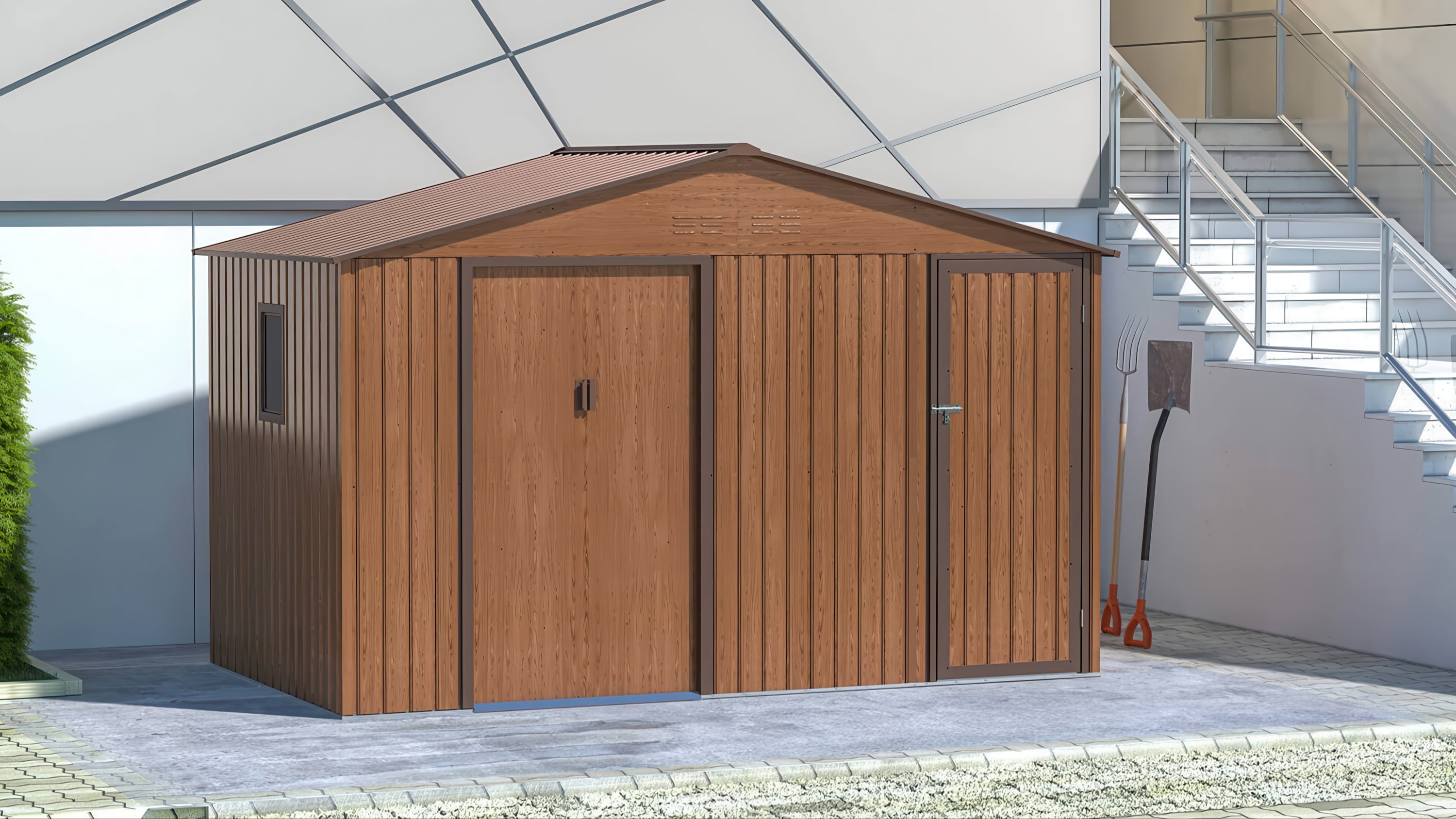 Aranżacja domku gospodarczego FALCON Walnut o wymiarach 340x194cm w ogrodzie