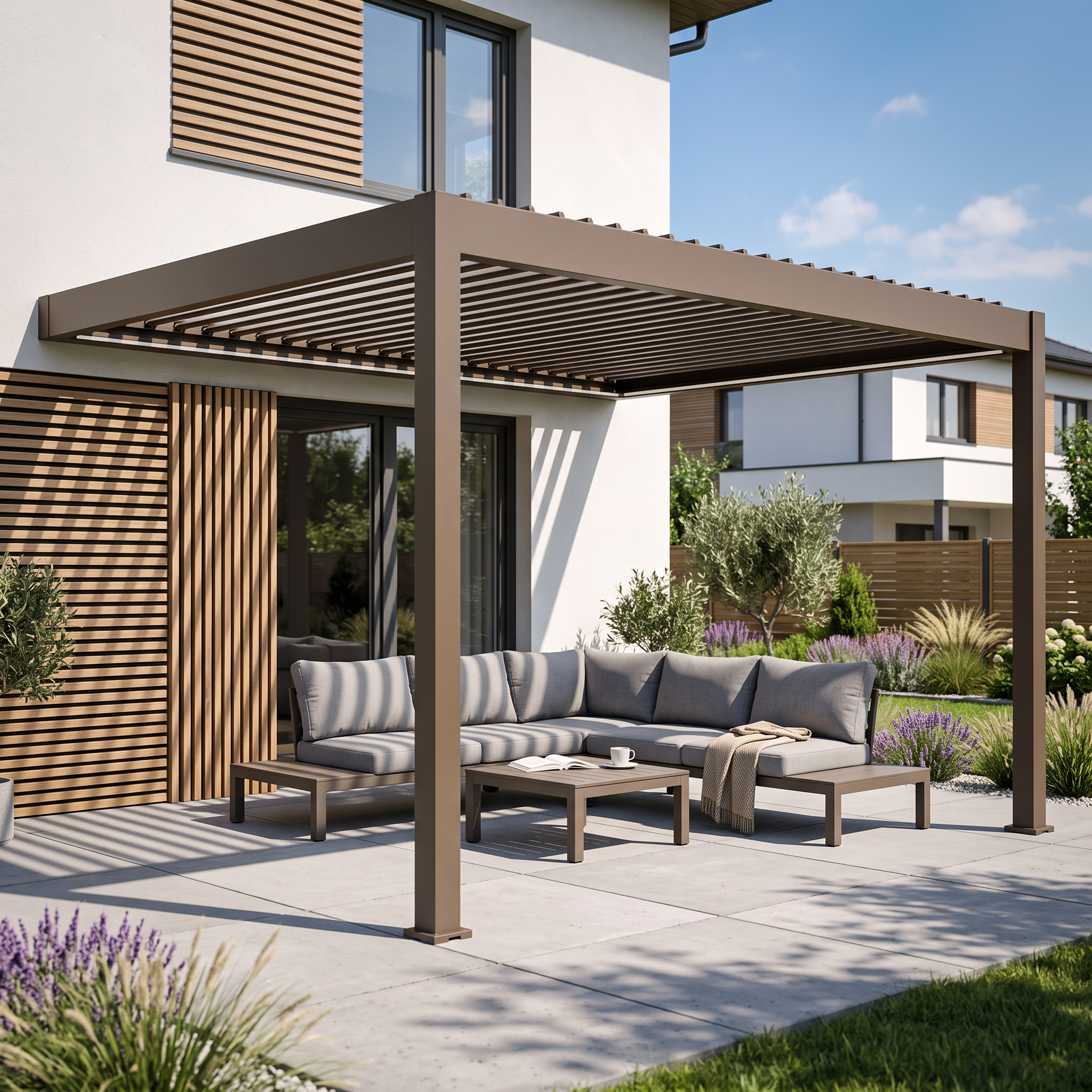 Automatyczna pergola przyścienna ELEGANCE WALL AUTOMATIC 3x4 z oświetleniem LED Taupe - Gutroof — aranżacja