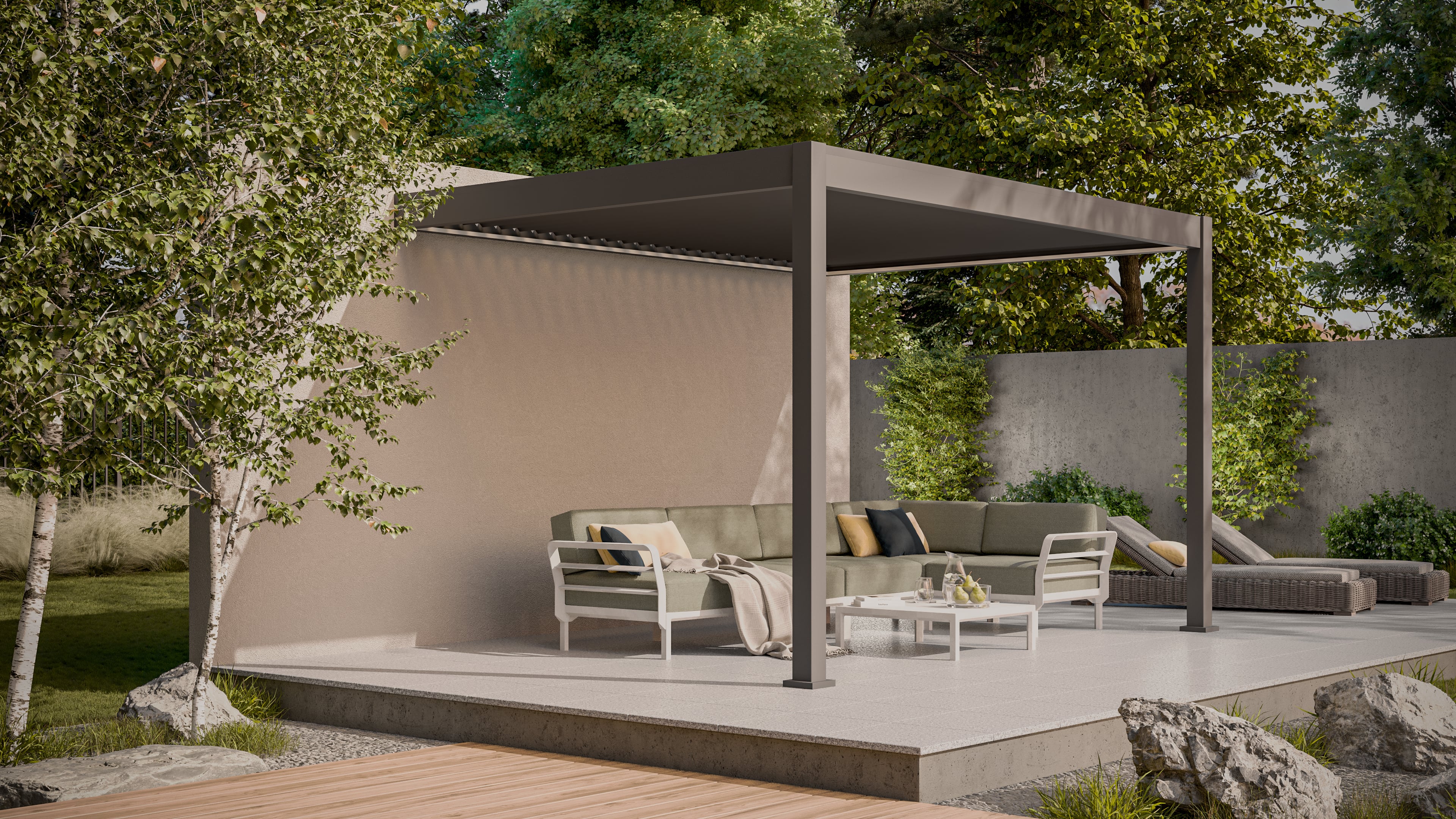 Automatyczna pergola przyścienna z oświetleniem ELEGANCE WALL AUTOMATIC 3x4 Anthracite - Gutroof w świetle dziennym