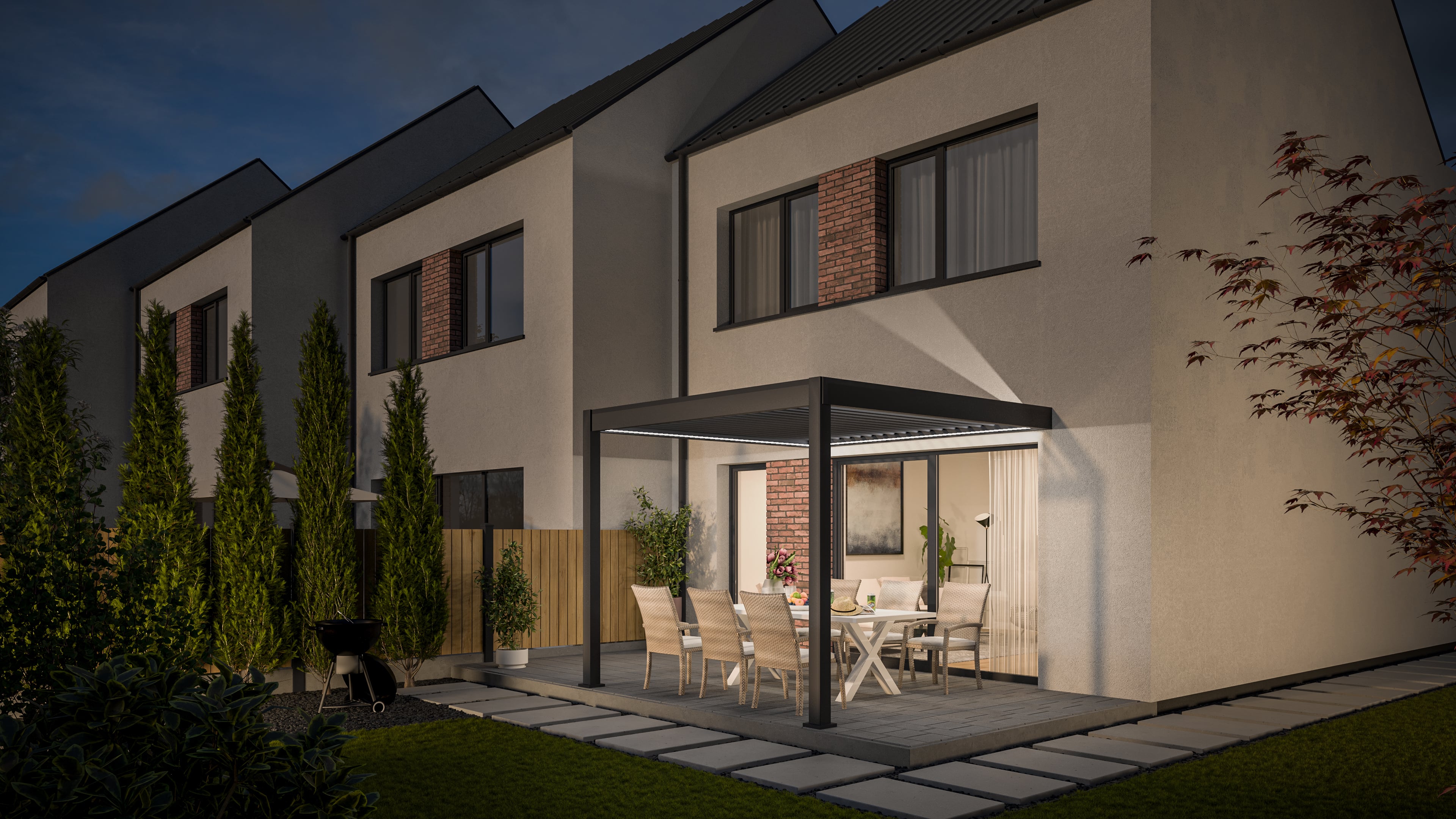 Automatyczna pergola przyścienna z oświetleniem LED 3x3 ELEGANCE WALL AUTOMATIC, Anthracite - Gutroof w aranżacji wieczorowej
