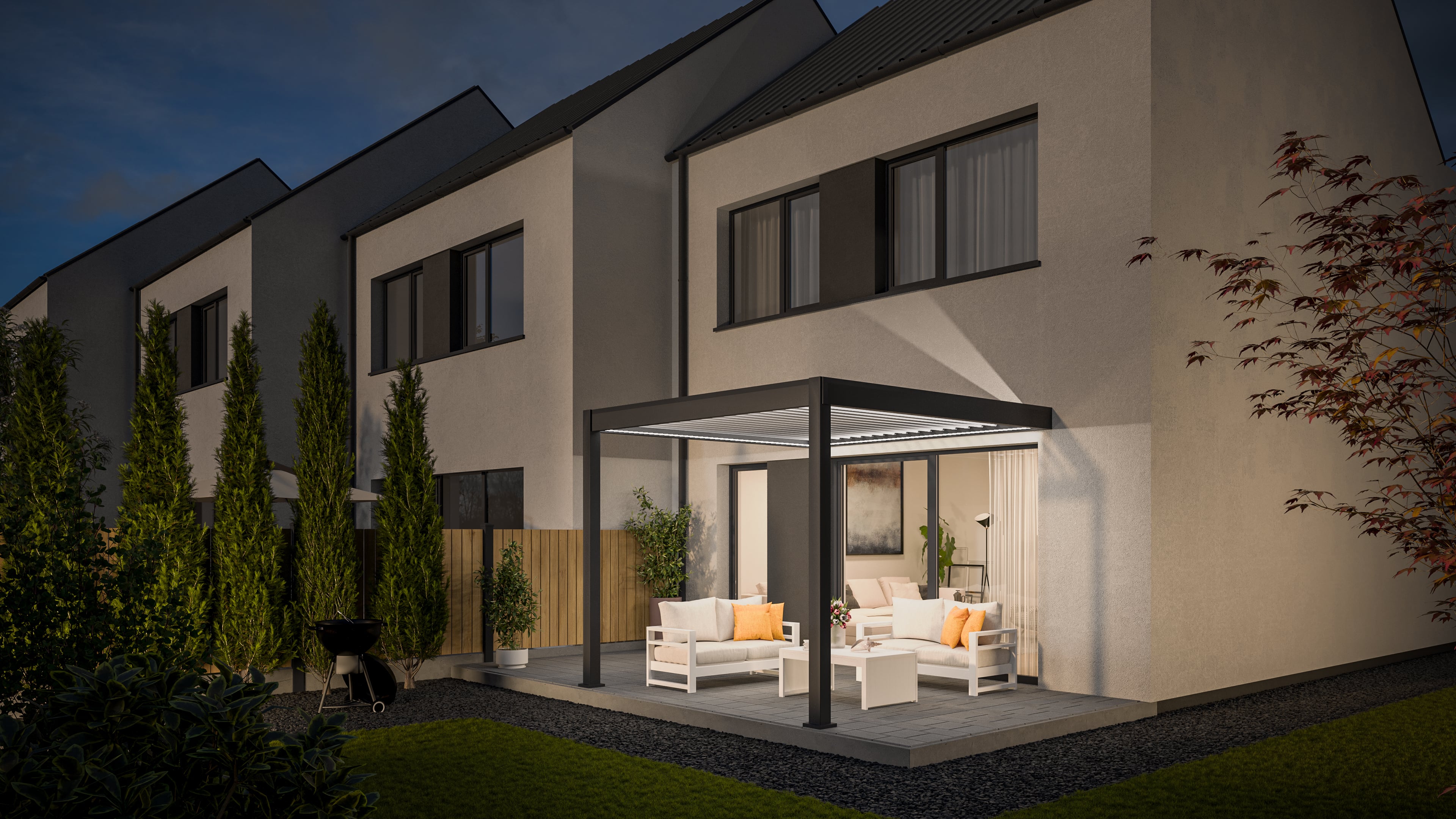 Automatyczna pergola przyścienna z oświetleniem LED 3x3 ELEGANCE WALL AUTOMATIC, AnthraciteLight Grey - Gutroof w aranżacji wieczorowej