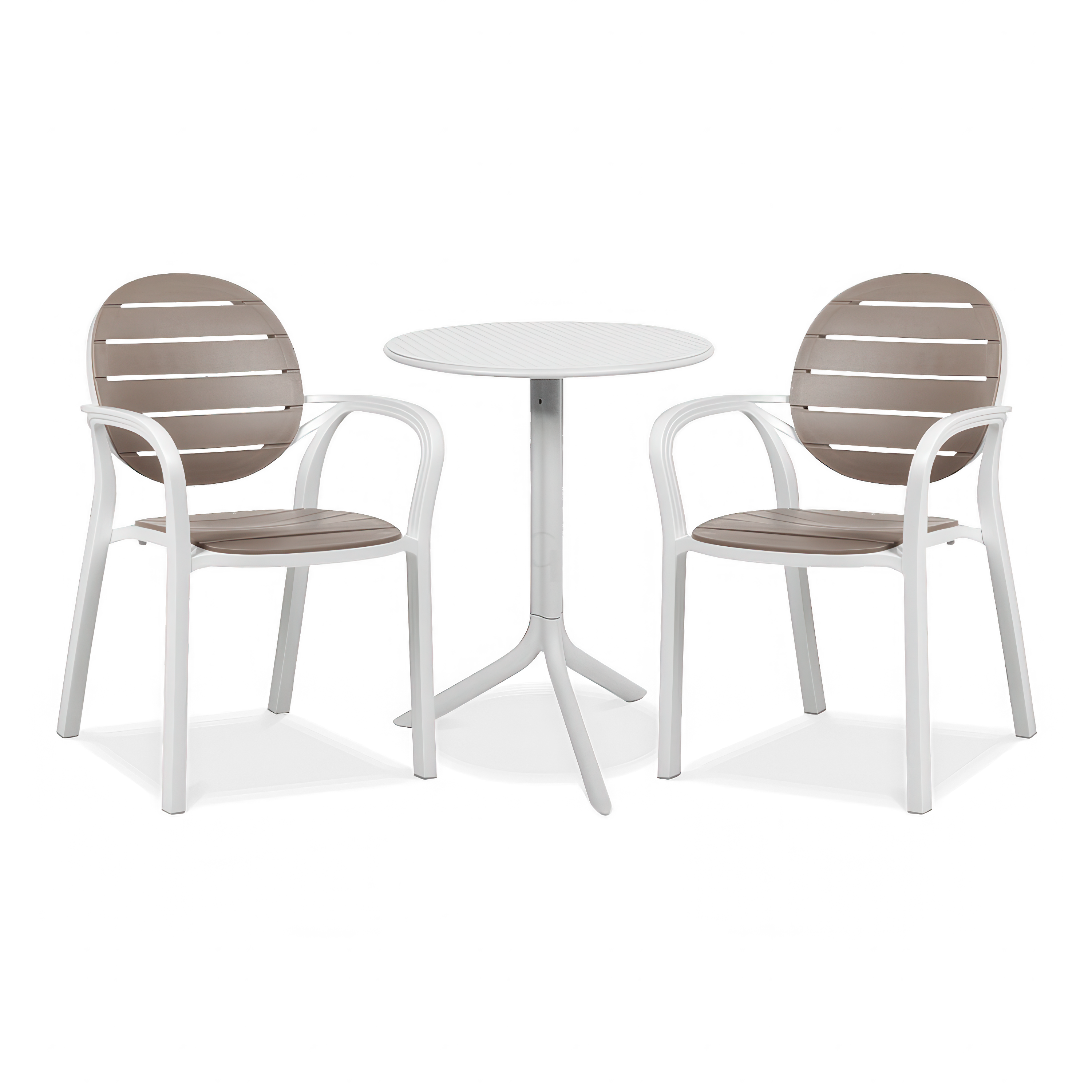 białe meble na balkon w zestawie z dwoma krzesłami i białym stołem