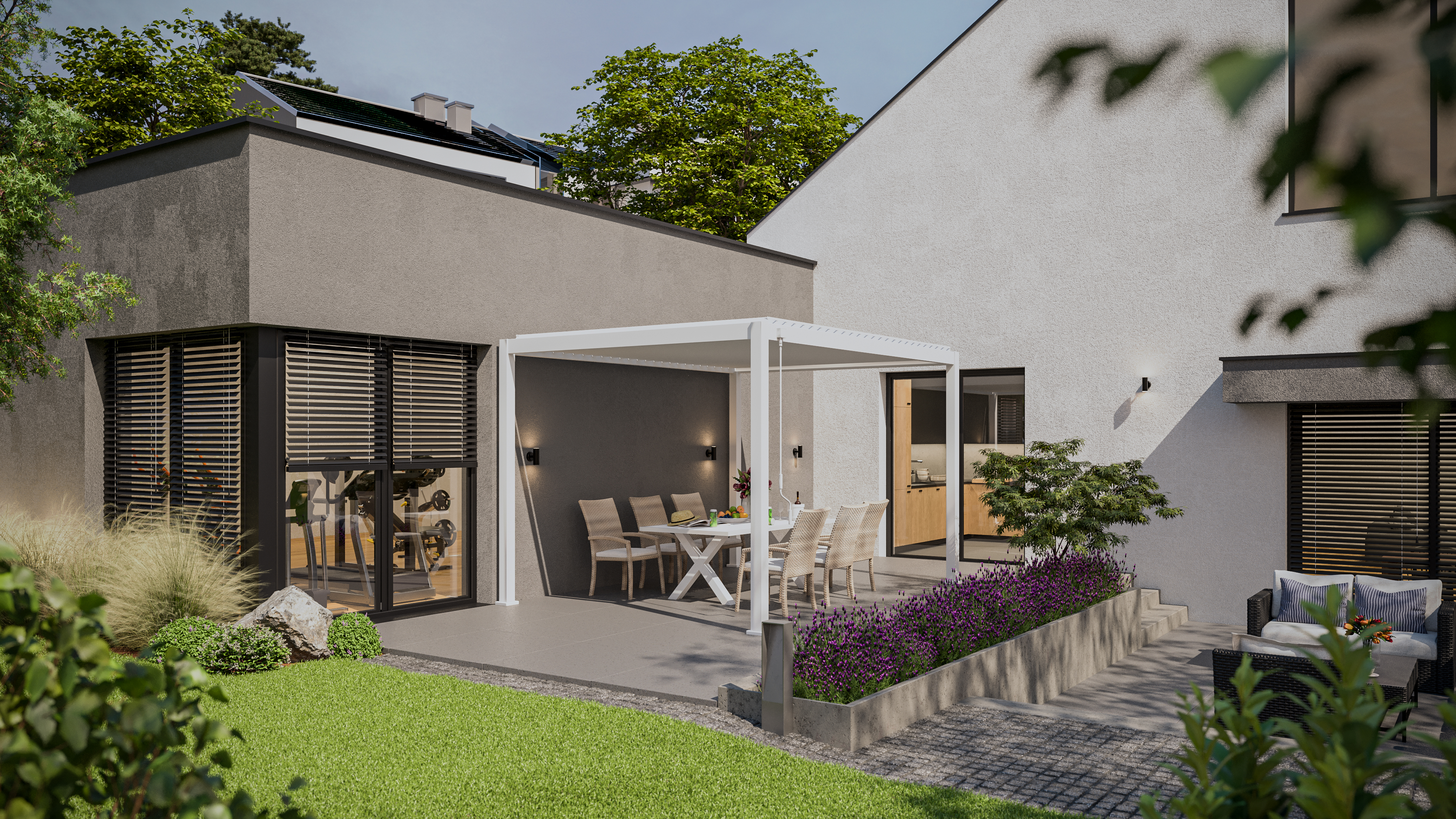 Biała pergola tarasowa ogrodowa 3x4 Premium marki Gutroof ze stołem oraz krzesłami