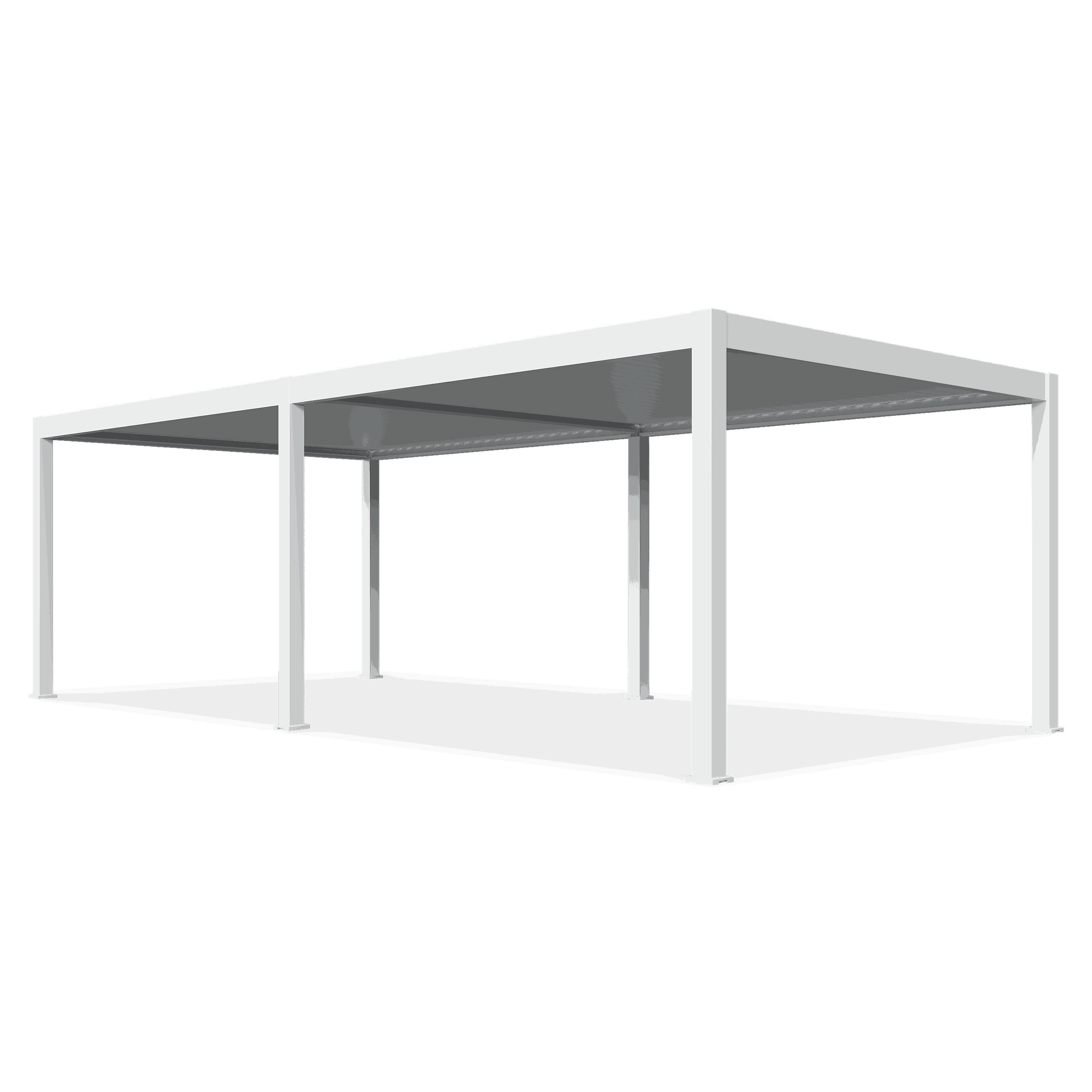 Pergola widziana pod kątem, z lamelowym zadaszeniem i sześcioma nogami wspierającymi konstrukcję.