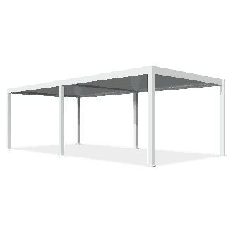 Pergola widziana pod kątem, z lamelowym zadaszeniem i sześcioma nogami wspierającymi konstrukcję.
