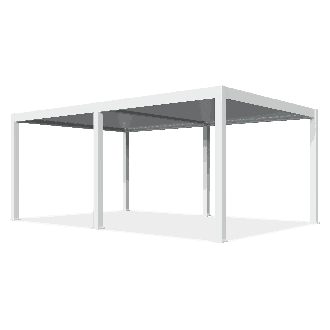 Duża biała pergola aluminiowa z lamelowym zadaszeniem widziana pod kątem, przedstawiona na jednolitym tle.