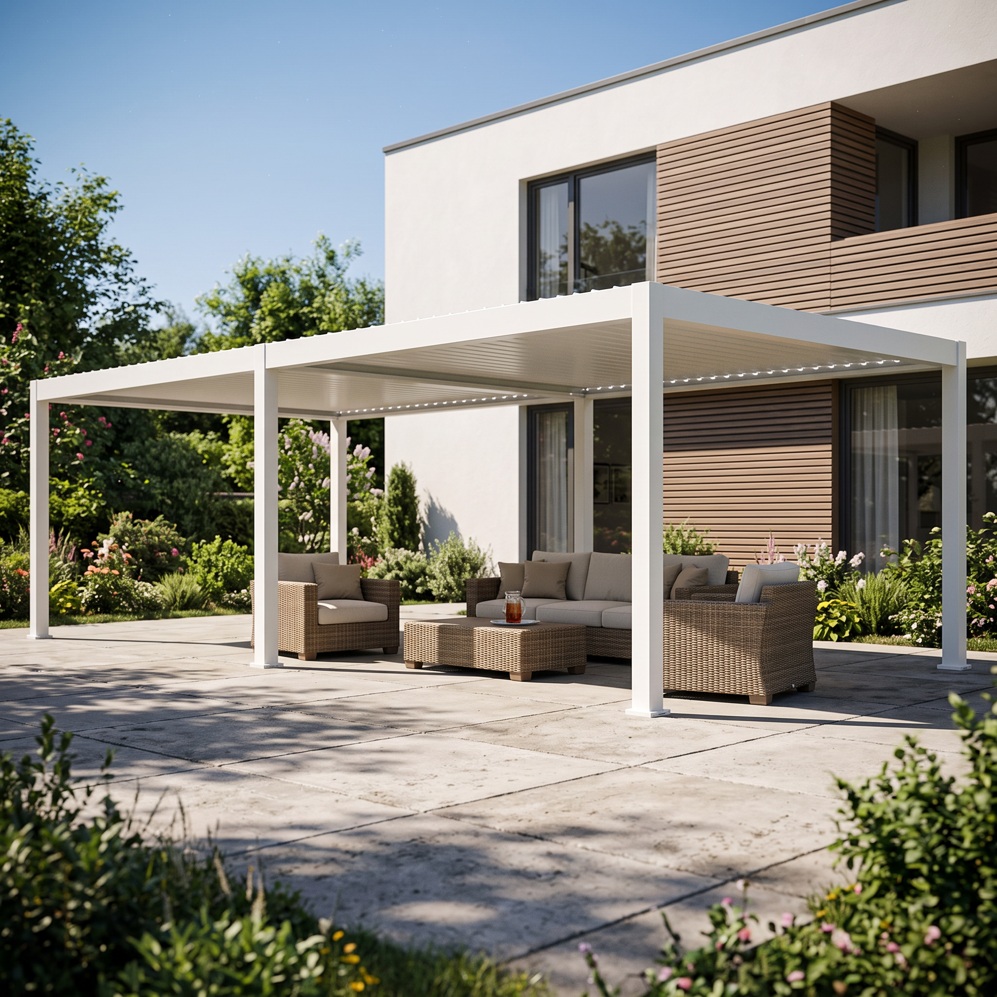 Biała pergola elektryczna tarasowa z oświetleniem DELUXE PRO AUTOMATIC + LED 4x8 w nowoczesnym ogrodzie z zestawem wypoczynkowym