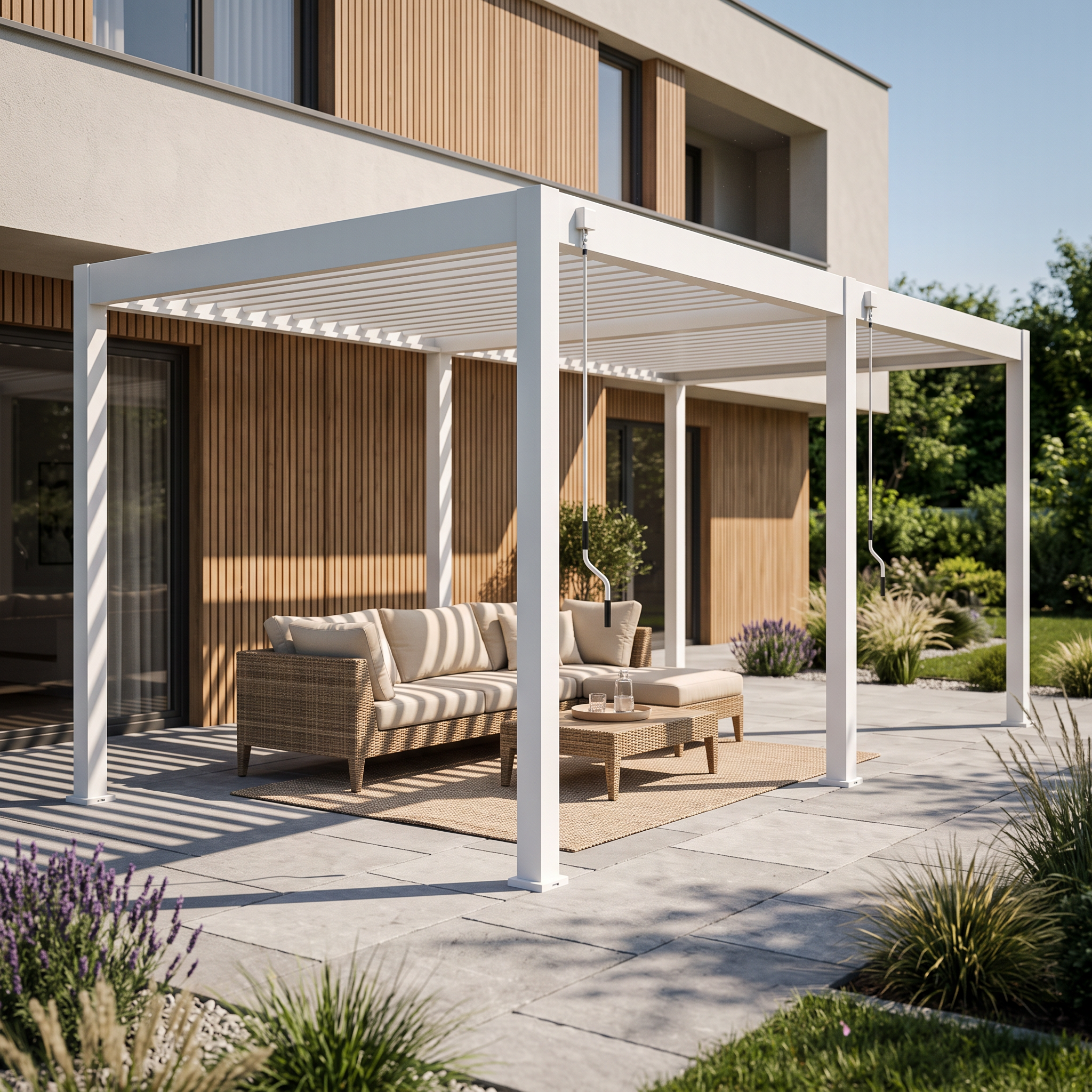 Biała pergola ogrodowa ELEGANCE 3x6 White Gutroof z dachem lamelowym na tarasie z zestawem wypoczynkowym przy nowoczesnym domu