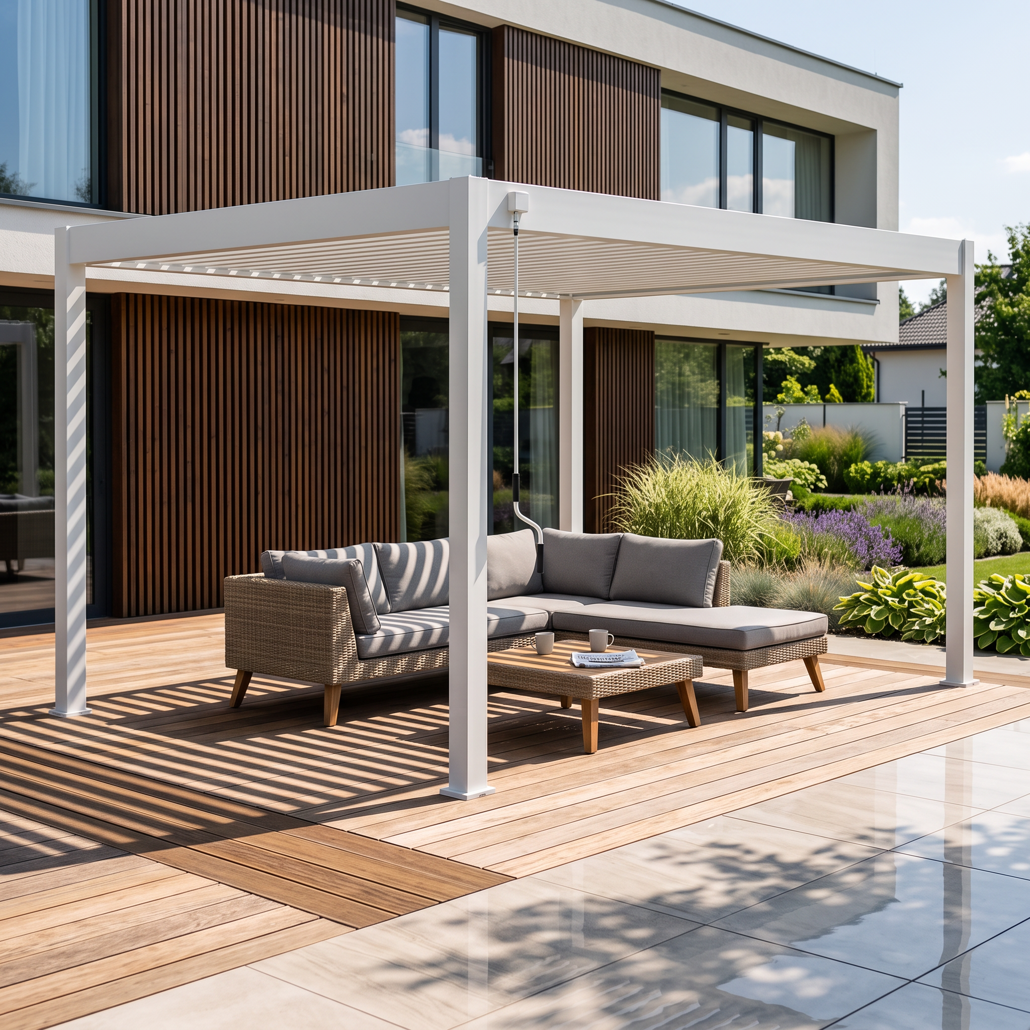 Biała pergola tarasowa ELEGANCE 3x4 Gutroof z zestawem wypoczynkowym na drewnianym tarasie przy nowoczesnym domu