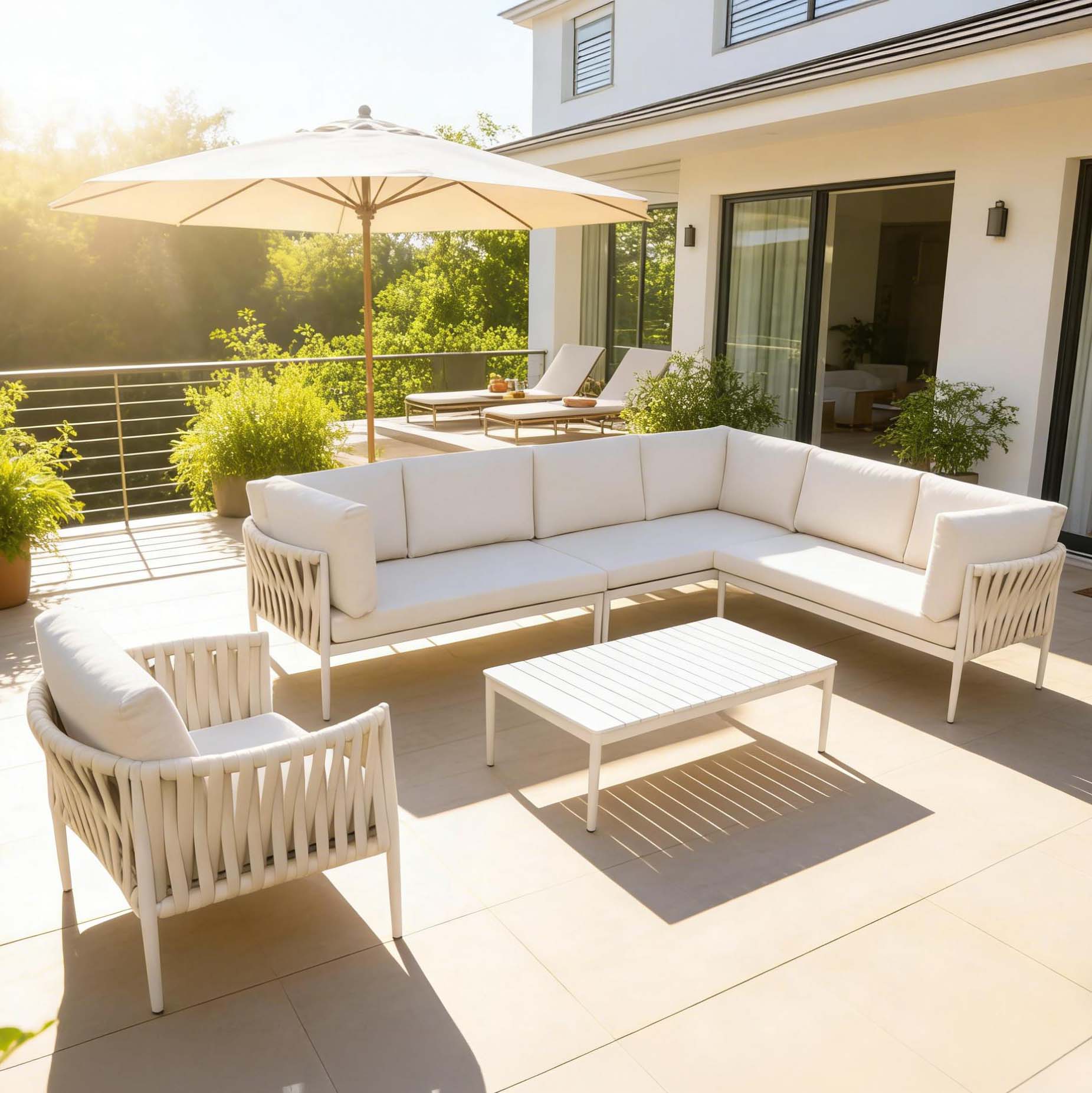 Biały narożny zestaw mebli ogrodowych z fotelami i stolikiem kawowym na tarasie przy domu w słoneczny dzień aranżacja