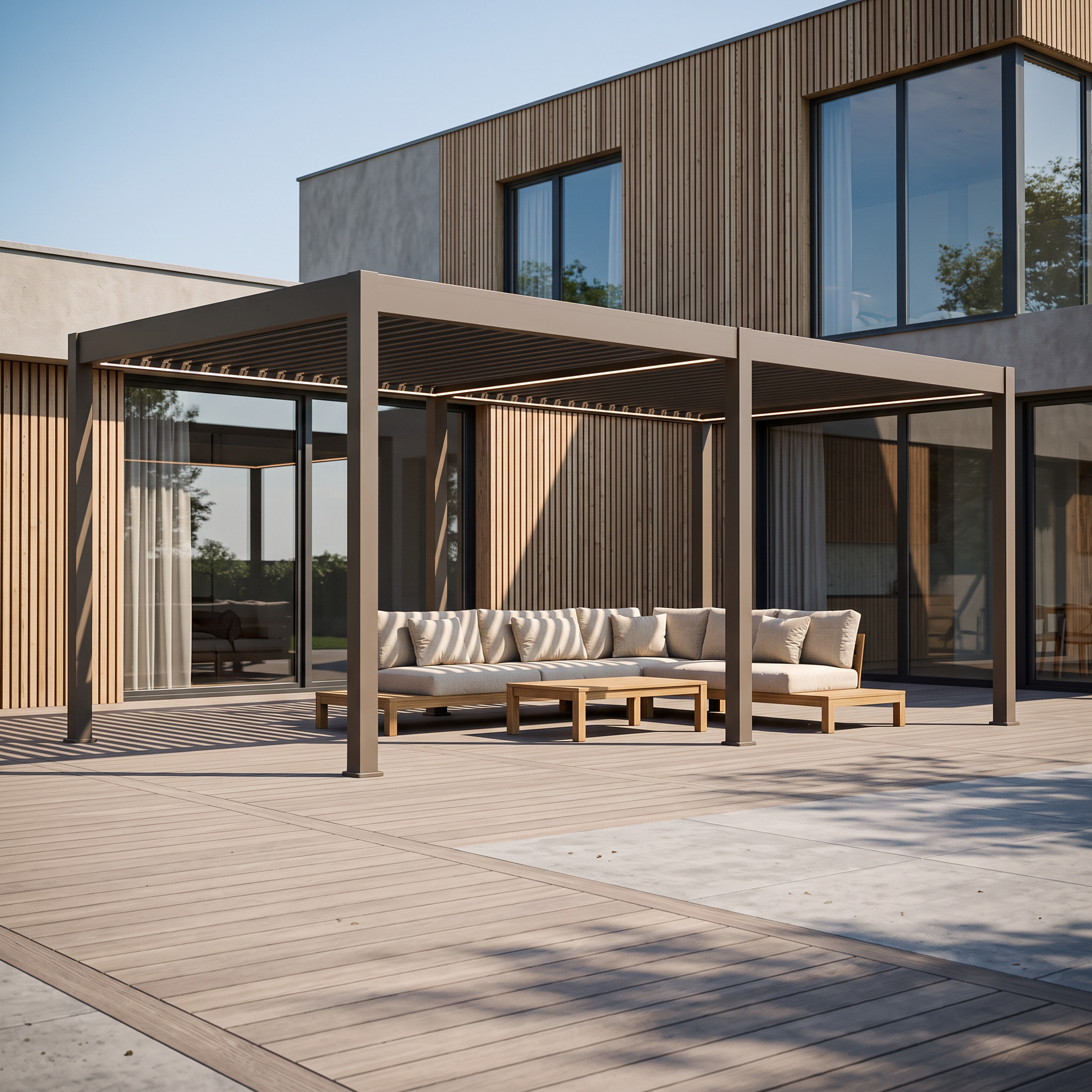 Bioklimatyczna pergola tarasowa ELEGANCE AUTOMATIC 3x6 w kolorze taupe z oświetleniem LED na tarasie nowoczesnego domu