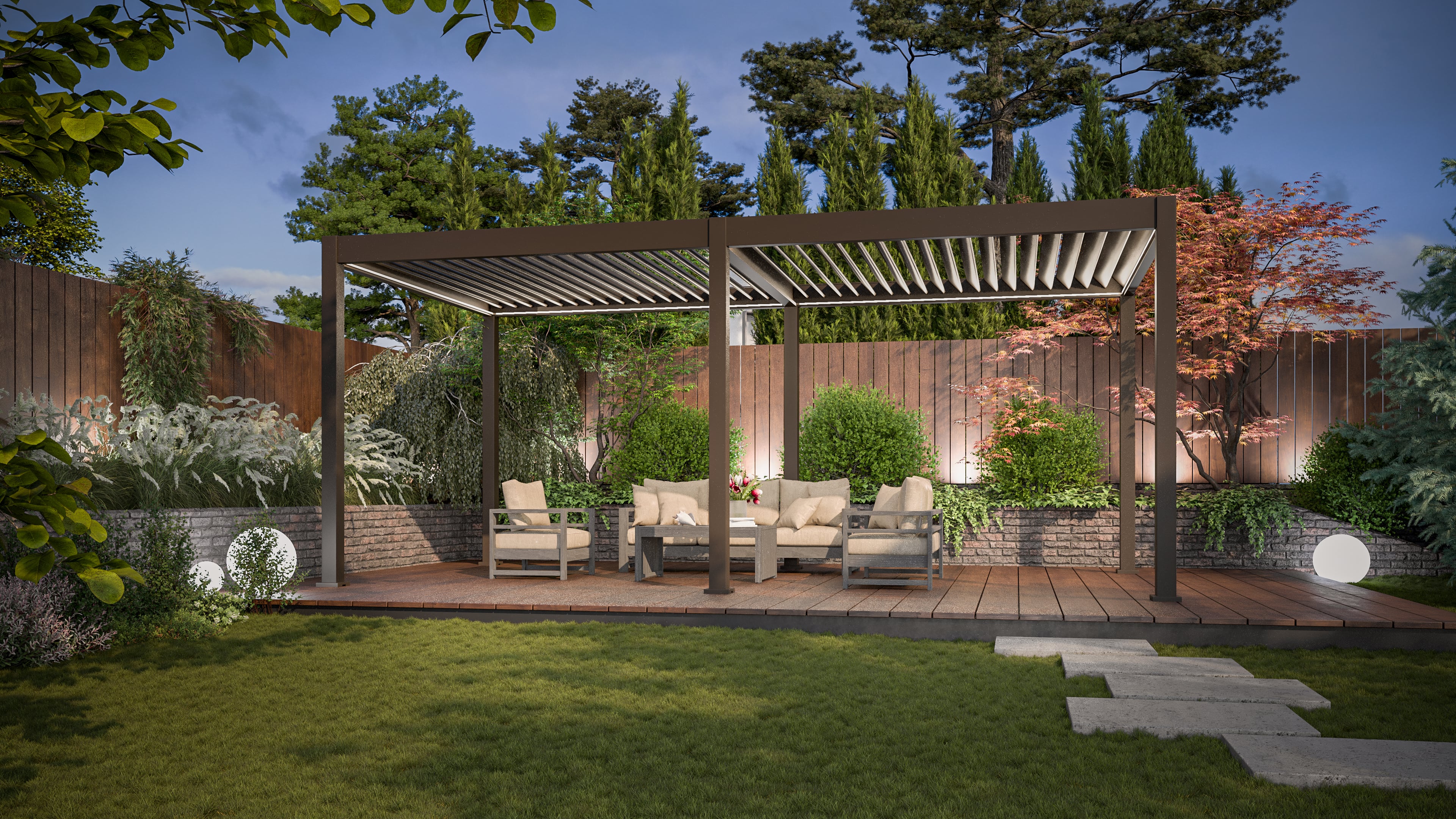 Bioklimatyczna pergola tarasowa ELEGANCE AUTOMATIC 3x6 z oświetleniem LED Taupe - Gutroof w aranżacji wieczorowej