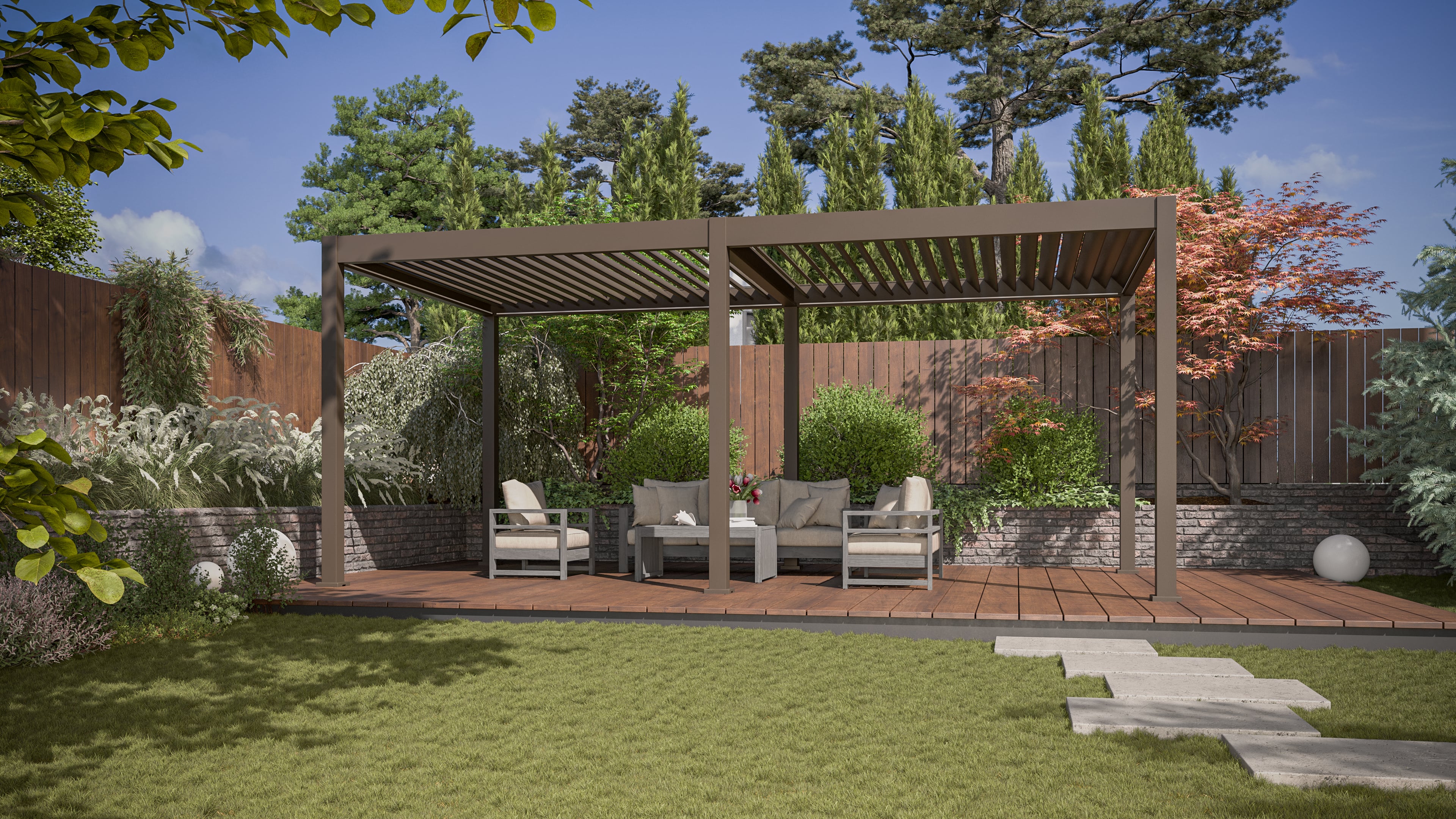 Bioklimatyczna pergola tarasowa ELEGANCE AUTOMATIC 3x6 z oświetleniem LED Taupe - Gutroof w świetle dziennym
