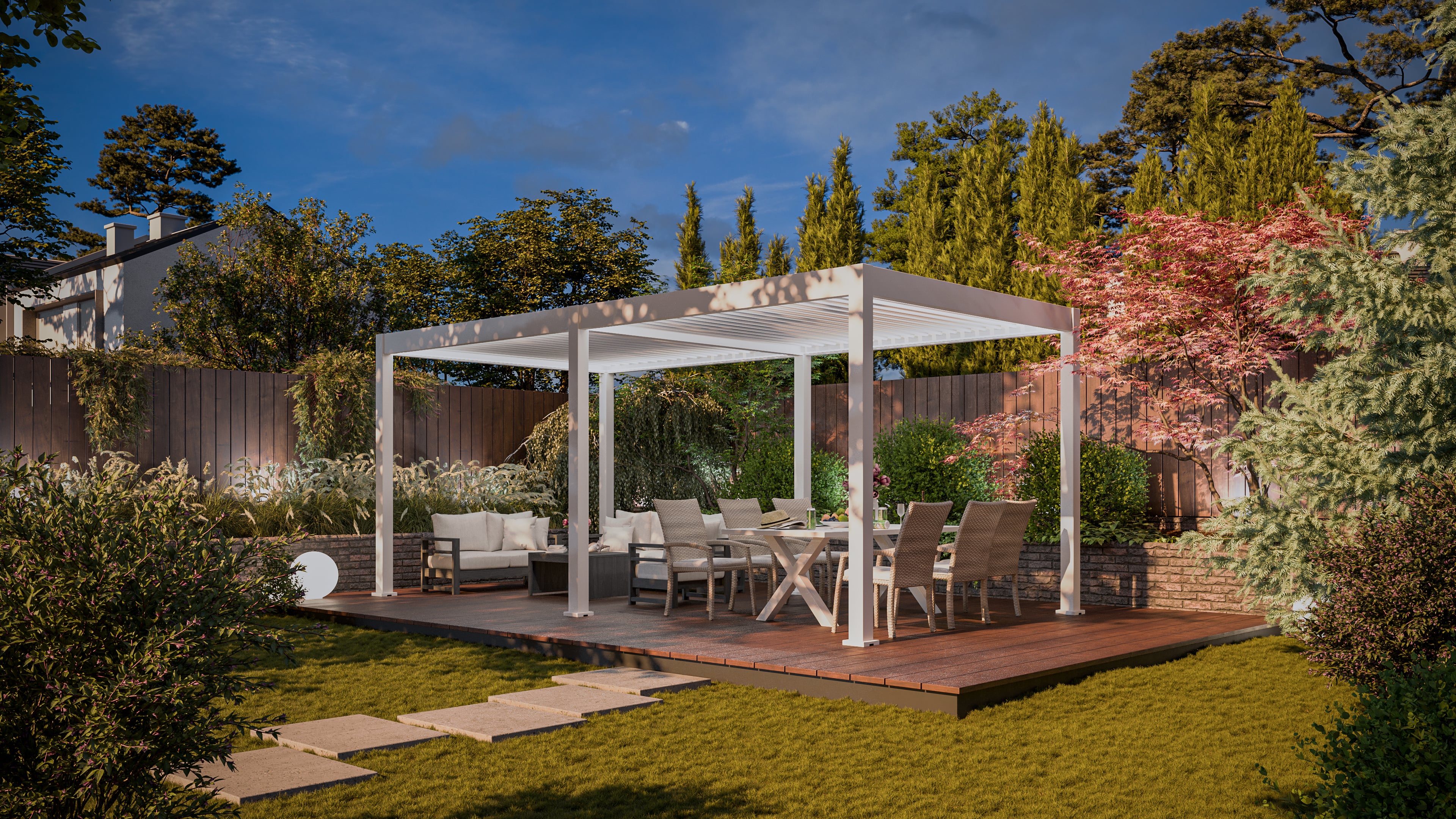 Bioklimatyczna pergola tarasowa ELEGANCE AUTOMATIC 3x6 z oświetleniem LED White - Gutroof w aranżacji wieczorowej