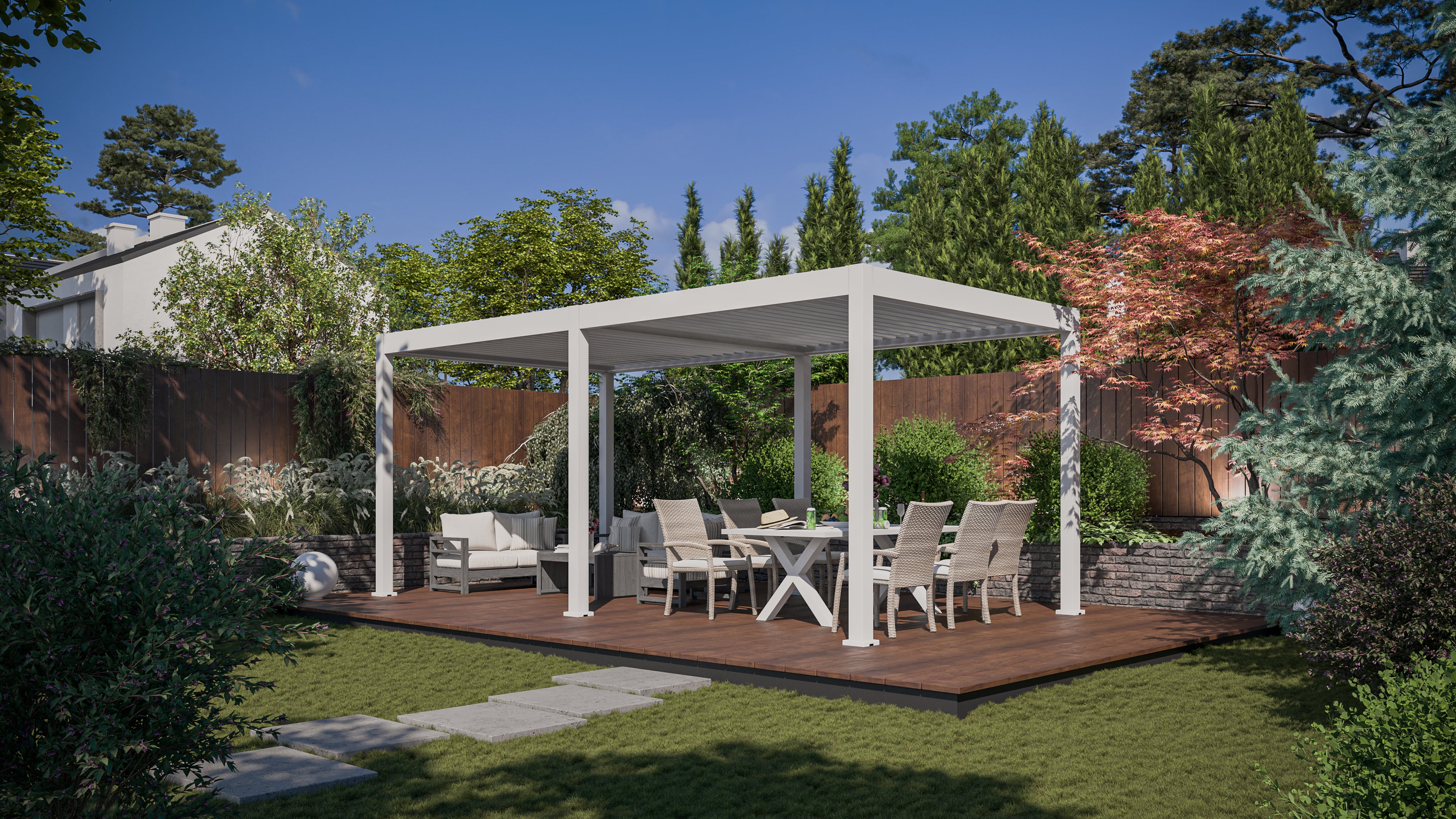Bioklimatyczna pergola tarasowa ELEGANCE AUTOMATIC 3x6 z oświetleniem LED White - Gutroof w świetle dziennym